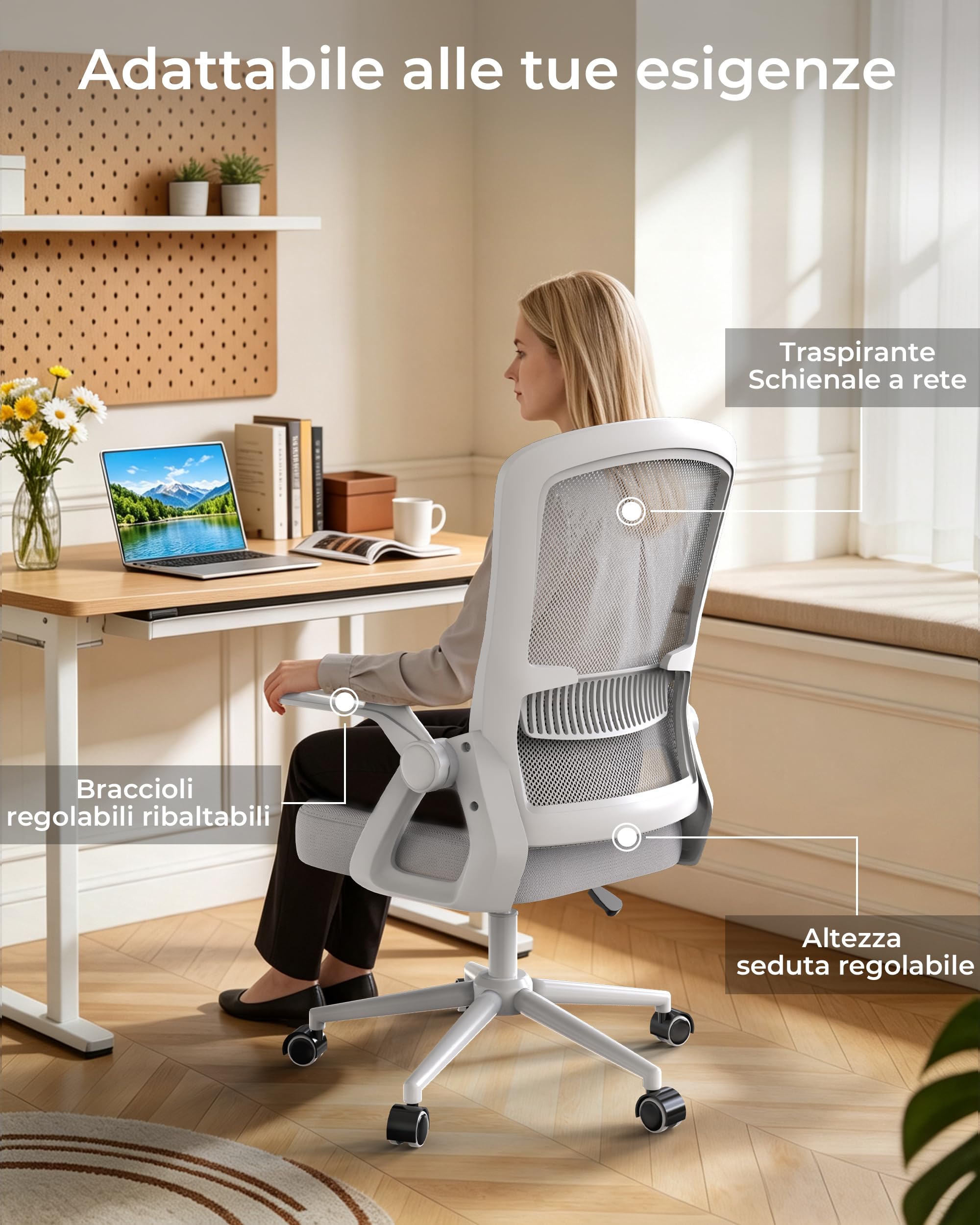 rattantree Sedia da Ufficio Scrivania Ergonomica, Con Braccioli Pieghevoli,Seduta e Schienale in Rete Respirante, Altezza Regolabile, Girevole con Ruote, Funzione Oscillante - Grigio