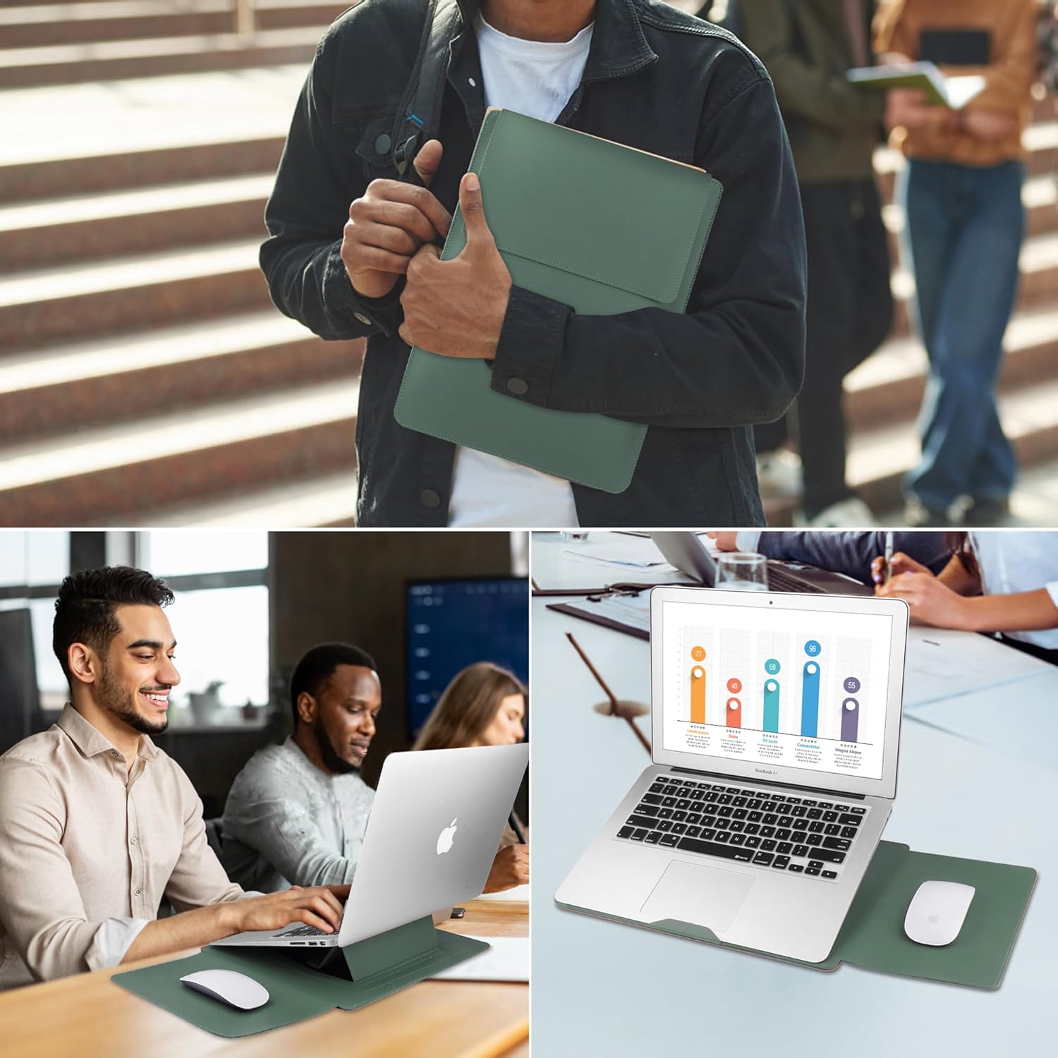 13.3'' /13.6'' Laptop Sleeve Case Leather Bag with Stand Compatible with MacBook Pro 14/MacBook Air 13(M1 M2)/13.3'' Yoga/Dell XPS 13/HP/Matebook 14'' Laptop case, Green - Image 7