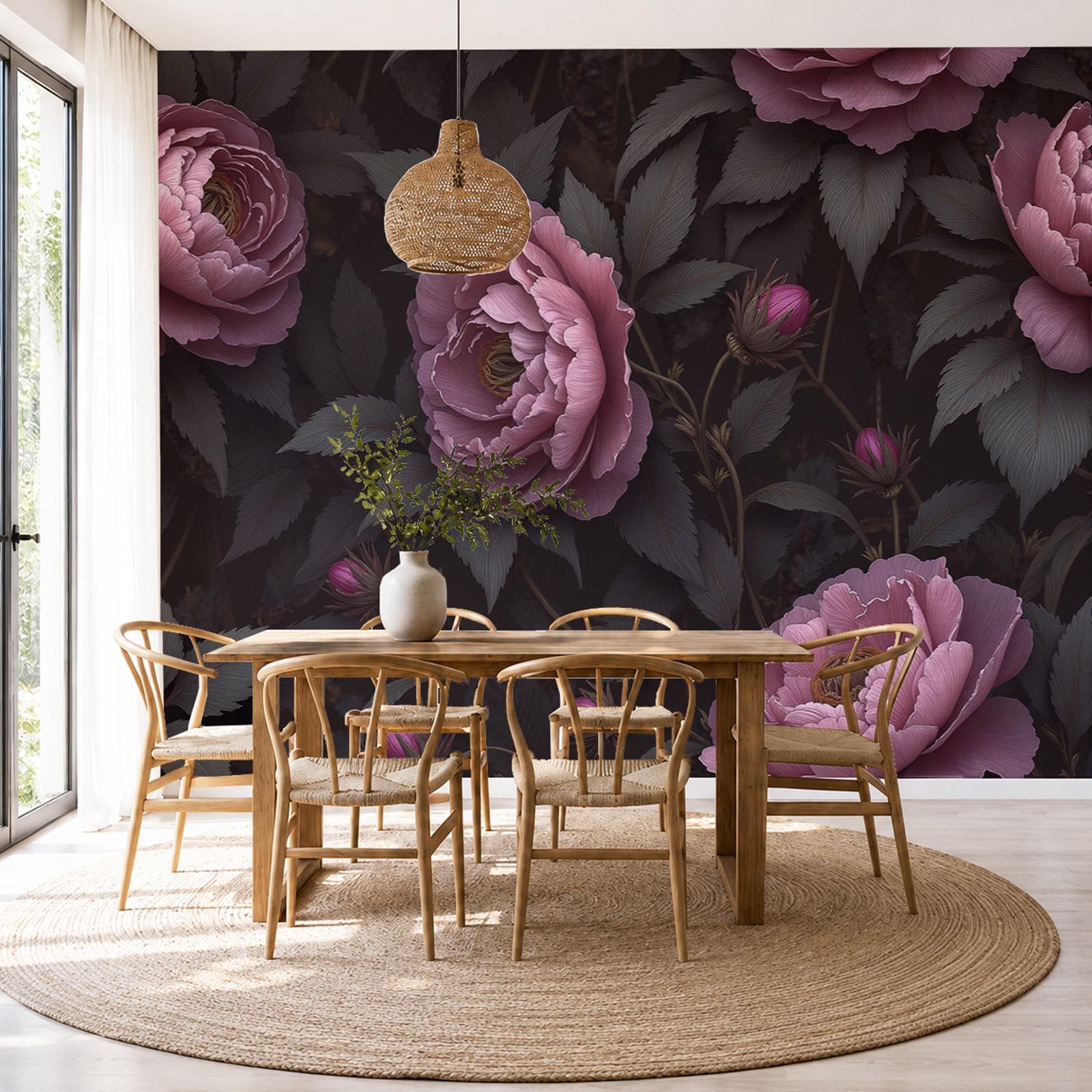 Fototapete Retro Blumenmuster 350 x 256cm Tapete Seidentapete Wandtapete moderne Wand Wandbild Schlafzimmer Wohnzimmer Wand Dekoration Dunkel Pfingstrosen