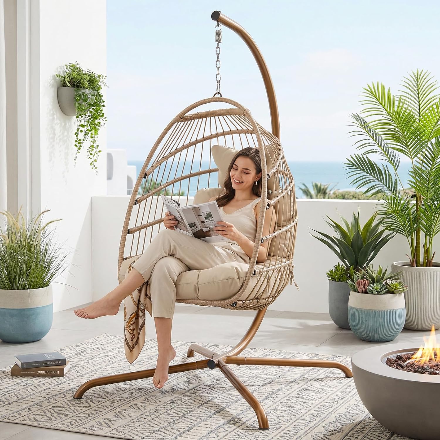 BULEXYARD Patio Egg Chair Swing with Stand, 350 Lbs Modern Water-Resistant Rattan Hammock Chair with Comfy Cushion, Freestanding Basket Seat for Outside Garden Bedroom Porch Apartment, Beige