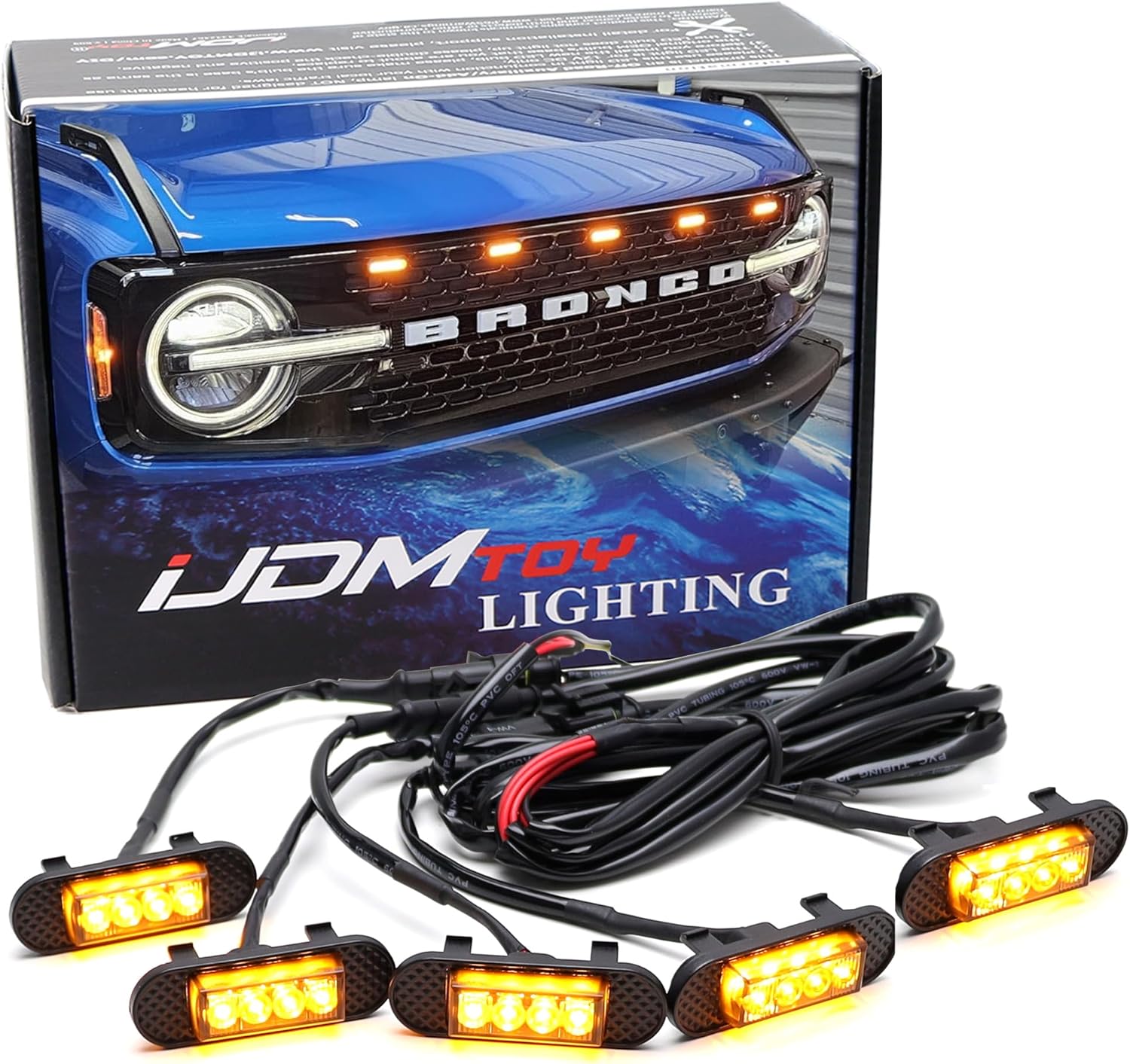 iJDMTOY 5pc Black-Out Smoked Lens Amber Yellow Full LED Front Grille Clearance Light Kit Compatible with Ford 2021-up Bronco Badlands, Wildtrak, Everglades & First Edition