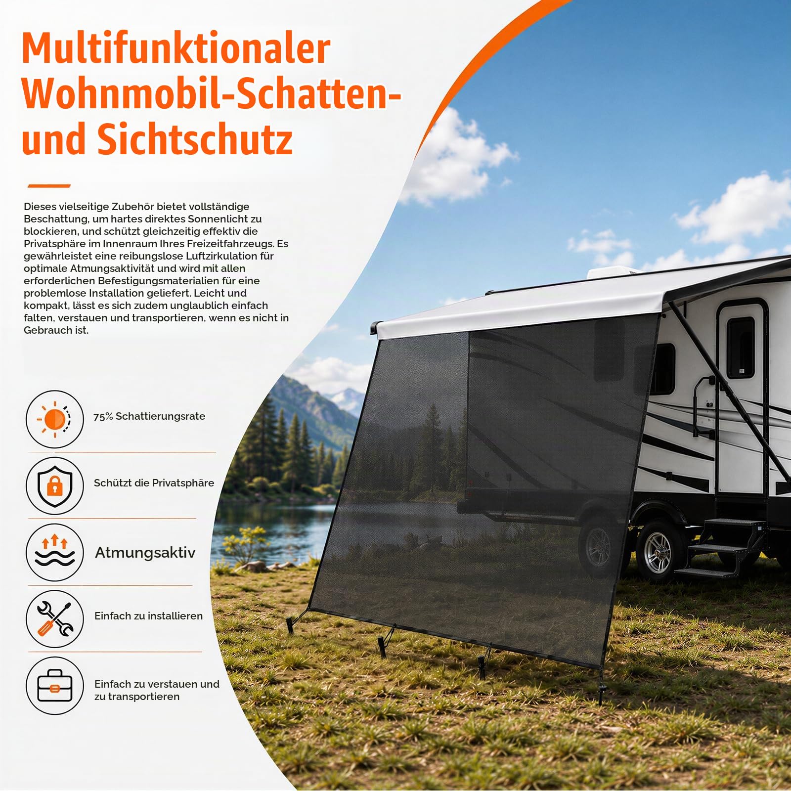 Markise Wohnwagen 246x335cm,Sichtschutz Frontseite mit Sonnensegel | Zuverlässiger UV- und Regenschutz, Auto Markise Einfache Montage mit Befestigungsset, Passend für Wohnmobile und Anhänger