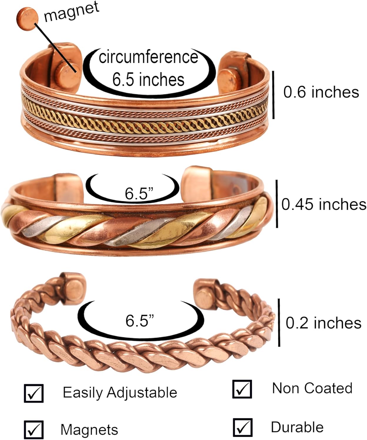 Touchstone copper bracelets | gift for men women |adjustable 100% pure solid real magnetic jewelry | handmade bracelet set combo | rope braided tibetan bangles.