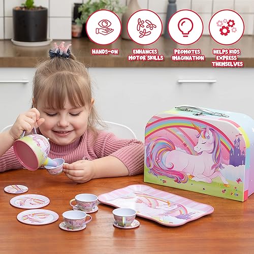 Miniatura 5 de JOYIN Juego de fiesta de té de unicornio para niñas pequeñas, juego de tetera de lata rosa, juguete de cocina con tetera, taza, plato, estuche