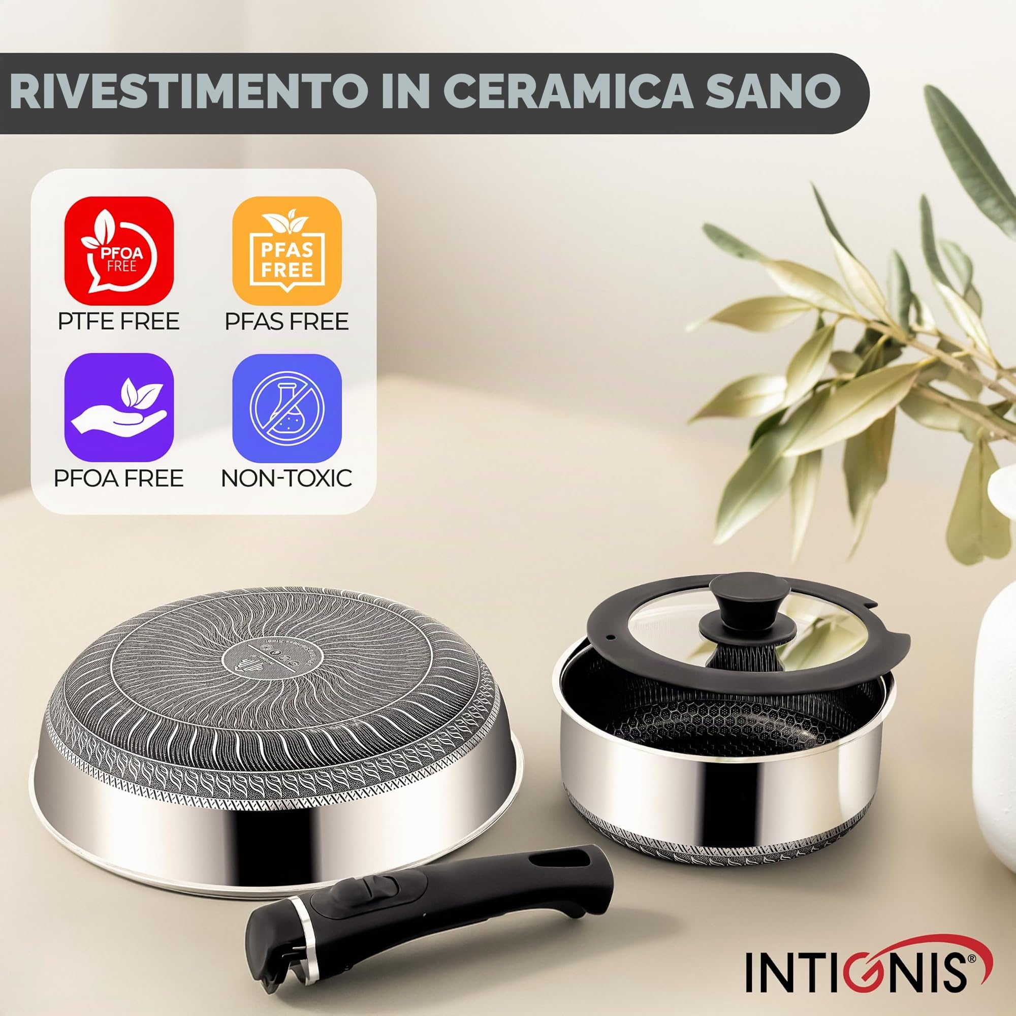 Set di pentole con manico intelligente rimovibile, 8 pezzi, set di pentole da campeggio impilabili, pentole e padelle salvaspazio, set da cucina in acciaio inossidabile, padella profonda 28 cm 4,5 l