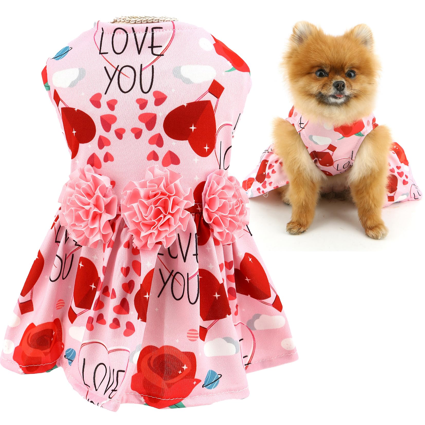SMALLLEE_LUCKY_STORE Dog Dress for Small Dog Princess Pet Skirts with Sweet Heart Printed and Flowers Puppy Clothes Birthday Holiday Valentine's Day Wedding Chihuahua Cat Apparel, Heart, M