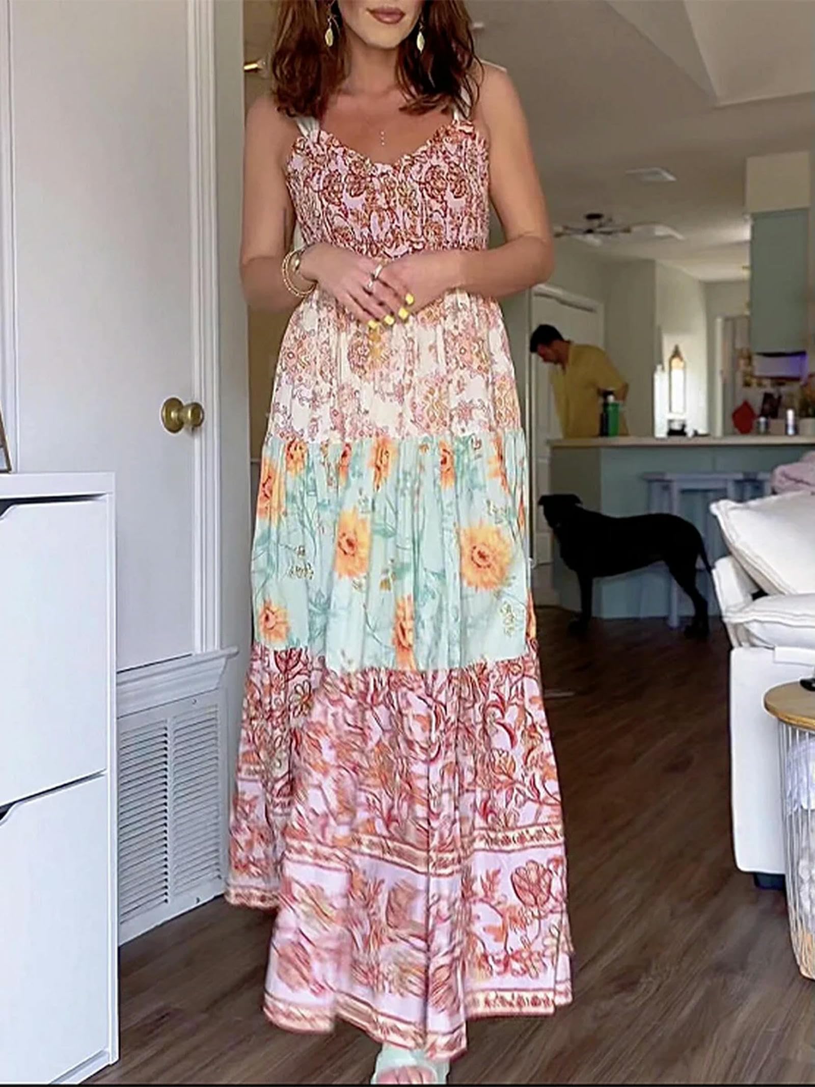 Robe Longue d'été pour Femmes, Bretelles à Nouer, col en V, imprimé Floral, Patchwork, Robe d'été Fluide à Plusieurs Niveaux, Rouge, S
