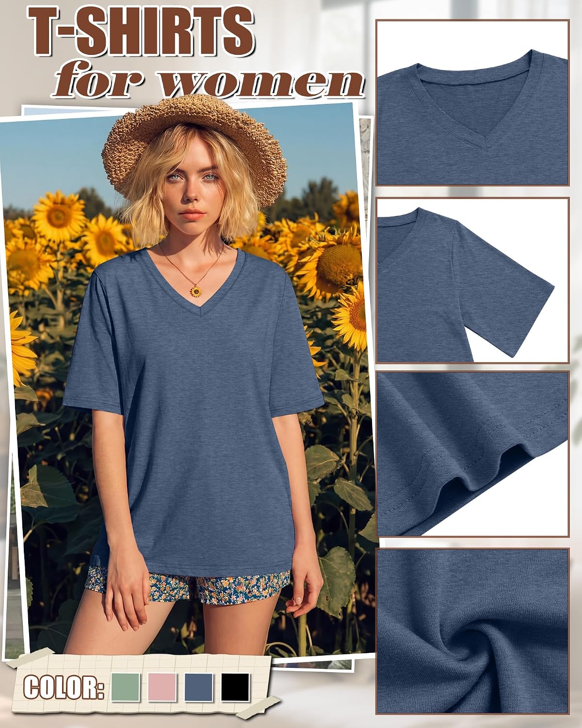 Locoowai 4 Pack Women Oversized Shirts Half Sleeve Cotton Loose Fit V Neck Tops Basic Casual Trendy Summer Solid T Shirts