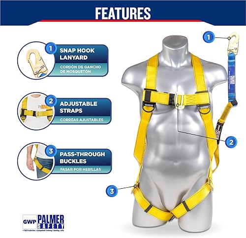 Miniatura 2 de Palmer Safety Arnés de seguridad con cordón desmontable de 6 pies I cordón de una sola pierna con absorción interna de golpes y gancho a presión