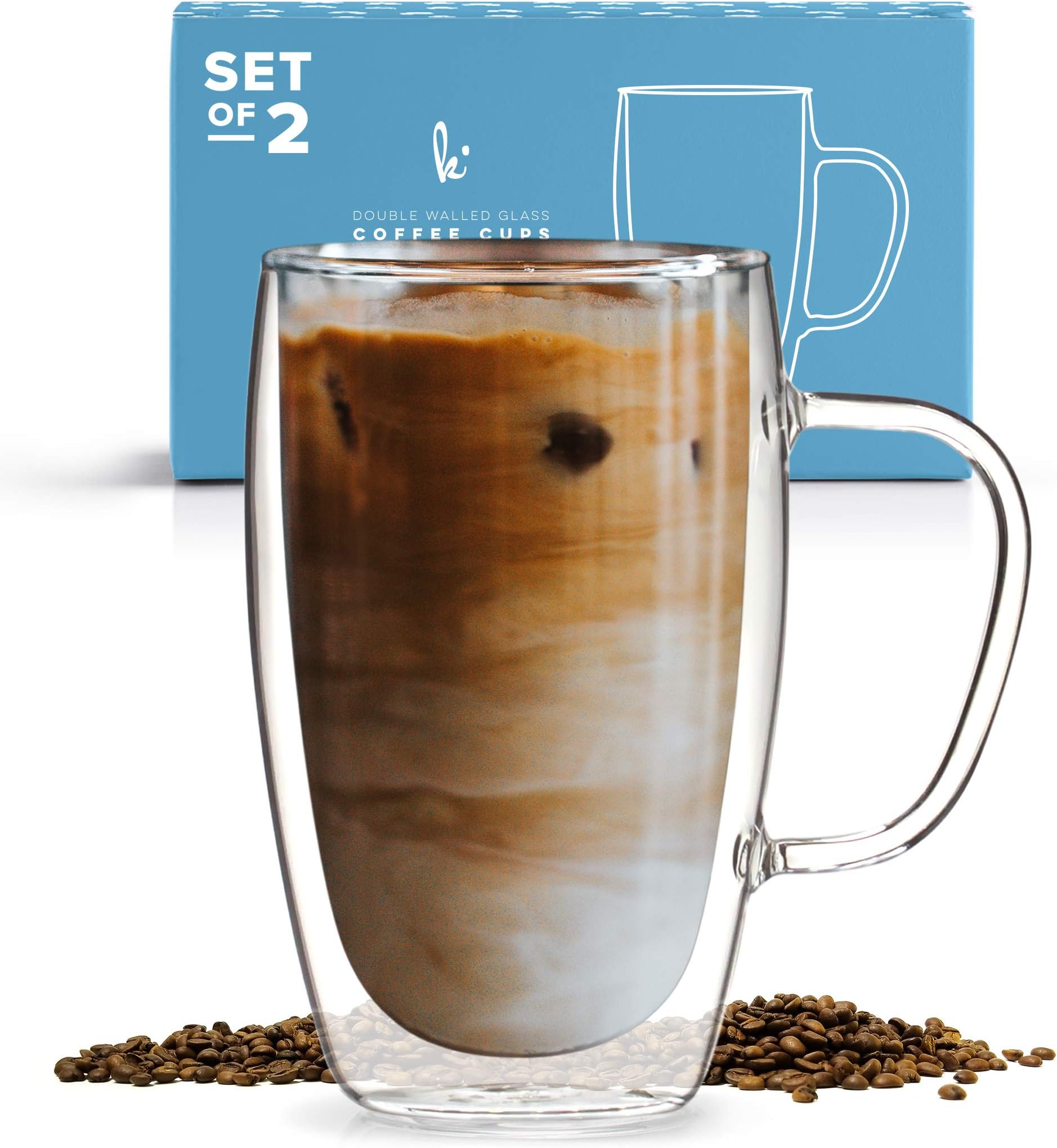 Coffee or Tea Glass Mugs Set of 2,15oz Double Wall Thermo Insulated Cups with Handle, Latte Cappuccino Espresso Glassware