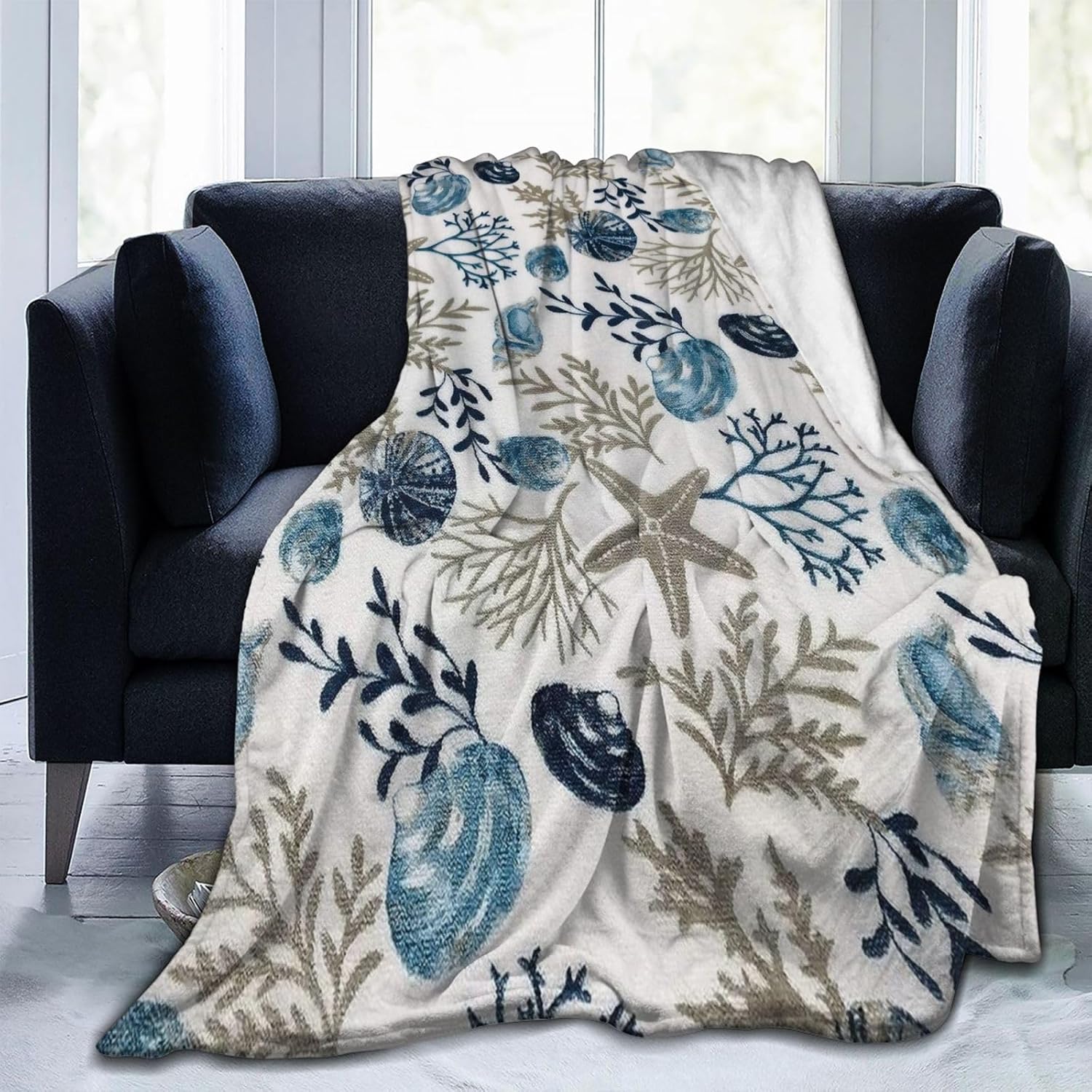 Coastal Shells Blanket, Soft Warm Bed Bedding Throw Blankets for Couch Bedroom Sofa Office, All Season Cozy Flannel Plush Blanket Gifts for Adults, 80"X60"