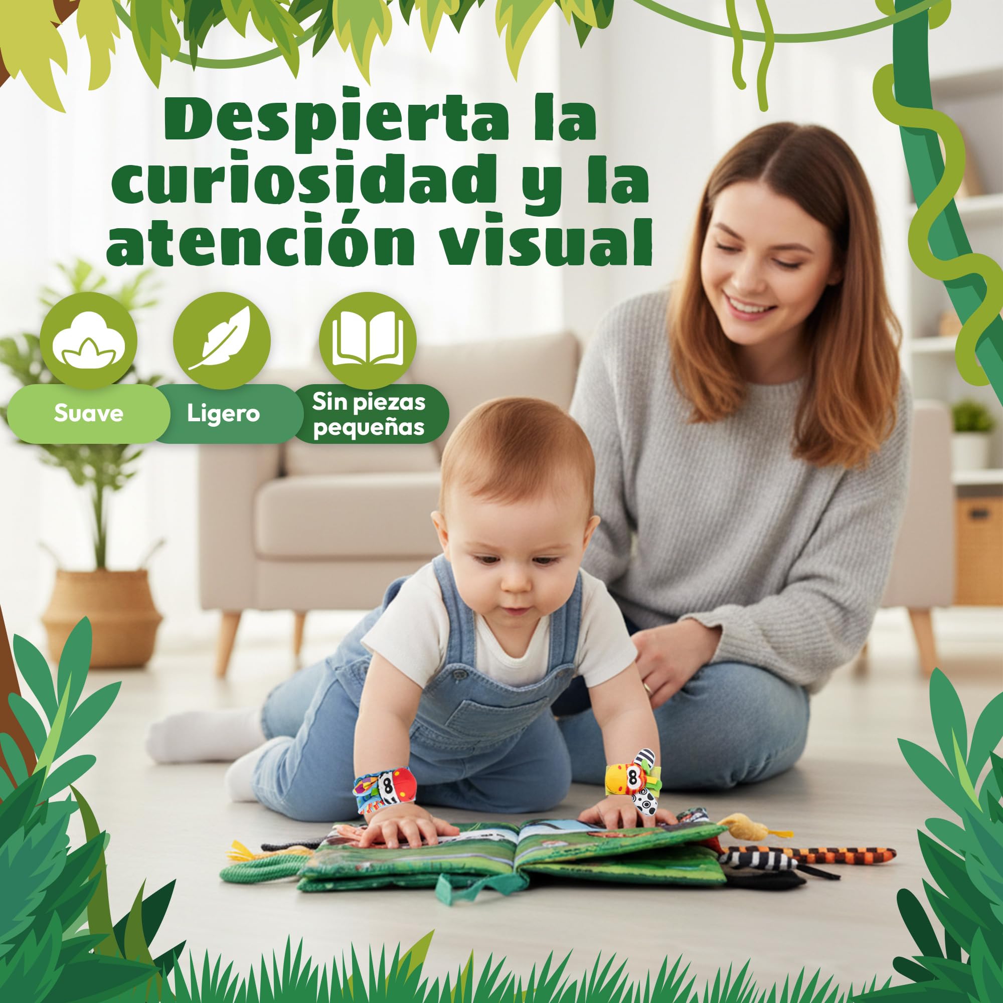 Set Sensorial Premium para Bebés 0-12 Meses: Libro de Tela Interactivo Jungle Tails + Calcetines y Muñequeras con Sonajeros | Estimulación Temprana Multisensorial | Regalo Educativo