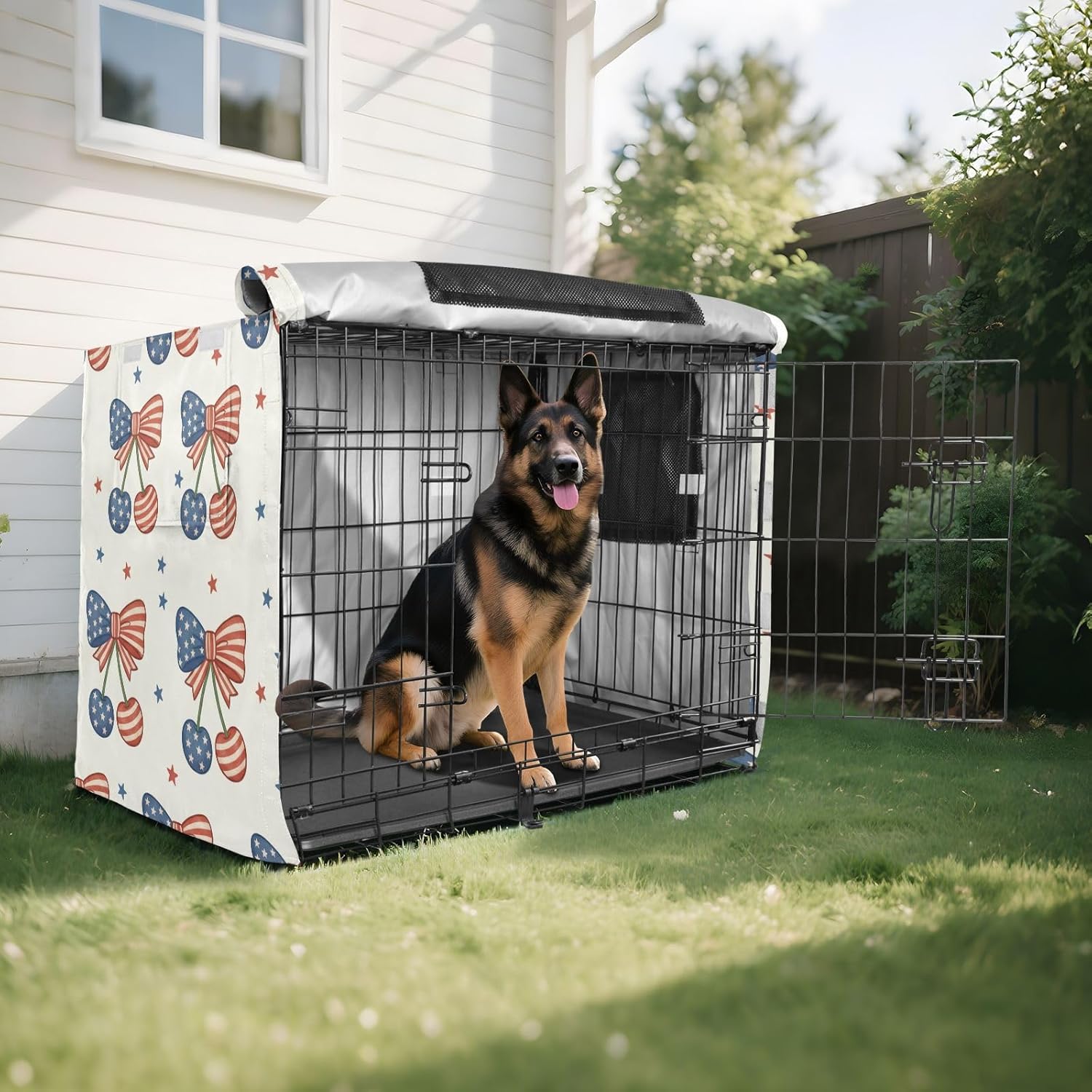 Duty 600D Silver Coated Dog Crate Cover, Water-Resistant Independence Day Elements Pet Kennel Canopy with Mesh Windows for Optimal Ventilation, Universal Fit for Standard Wire Cage, Indoor