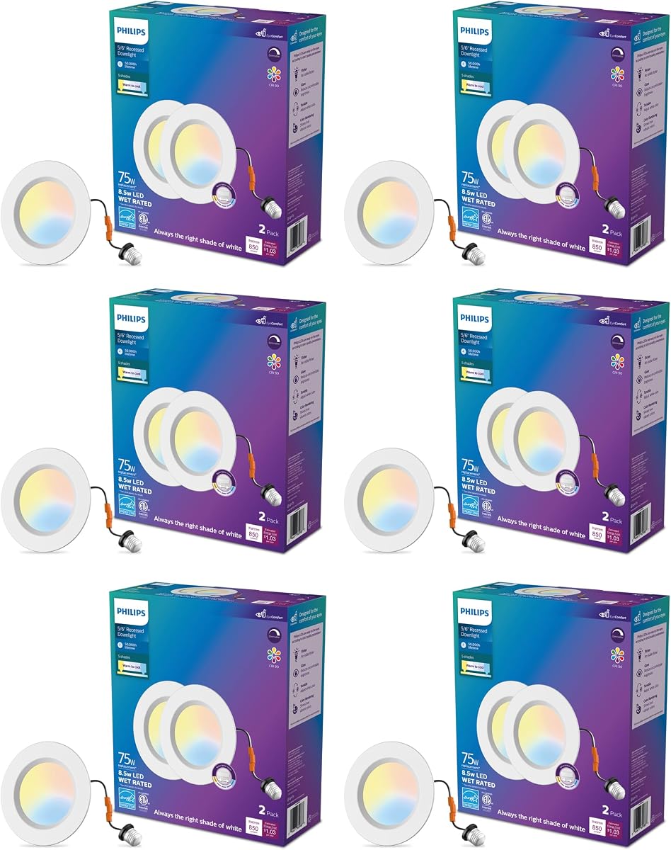 PHILIPS LED Retrofit Downlight, 5/6 Inch, 12-Pack | Soft White to Daylight, 5 CCT Settings, Easy to Install, Dimmable, CRI 90, 50000 Hour Lifetime, EyeComfort Technology