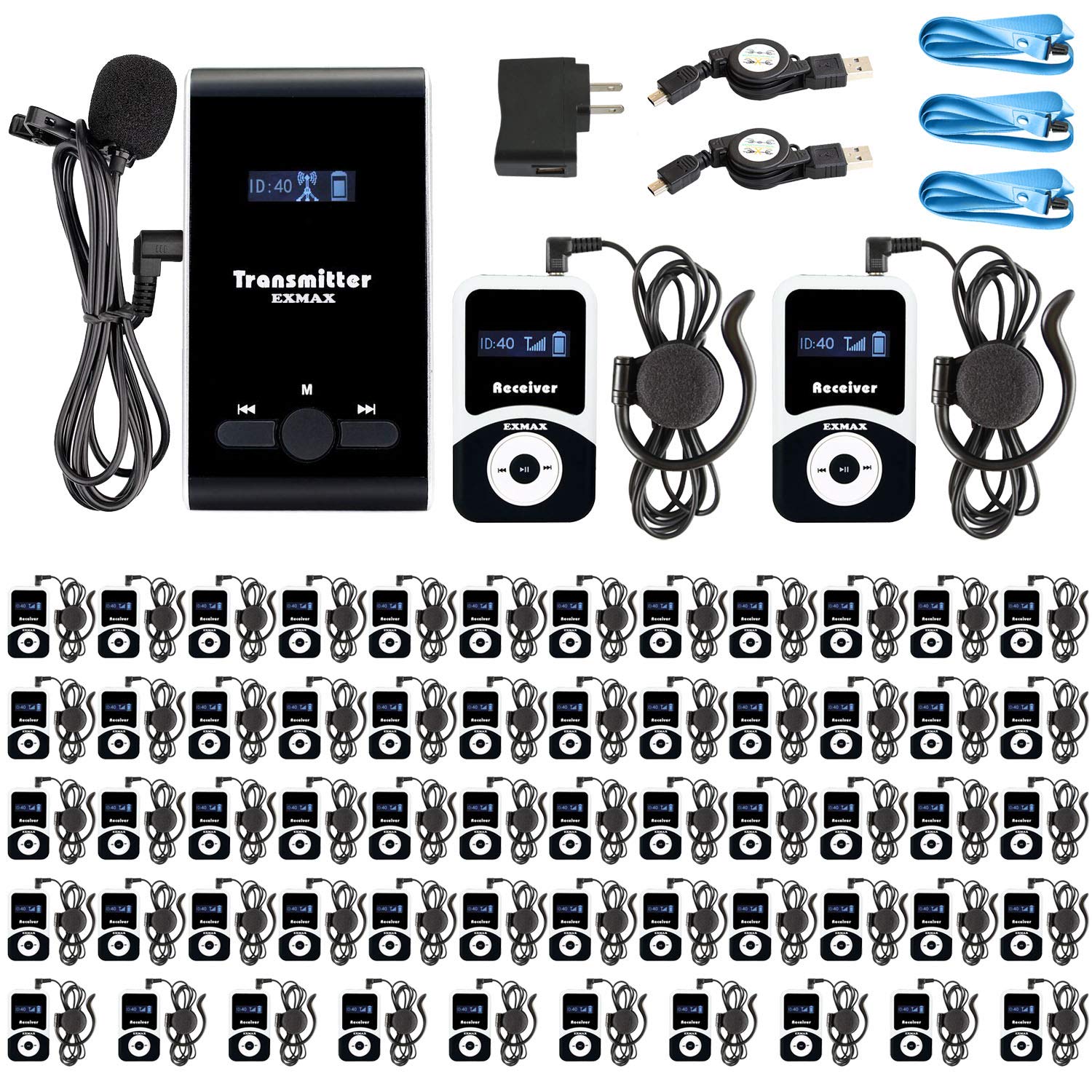 EXMAX Portable Interpreting Solutions for Court Interpreters ATG-100T 195MHz Wireless Tour Guide for For Tourism Purposes Assistive Listening Devices for Factory Tours(1 Transmitter 60 Receivers)
