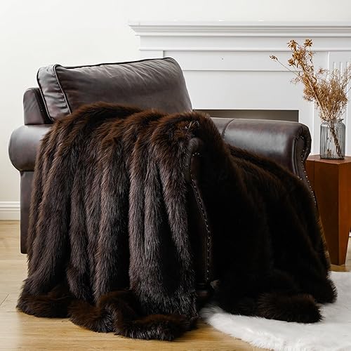 Luxury Fluffy Brown Faux Fur Throw Blanket, Cozy Warm Fur