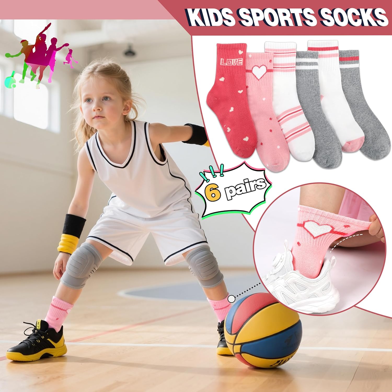 MOGGEI 6 Pairs Girls Kids Socks Athletic Sport Basketball Cotton Soft Crew Breathable Socks for Outdoor - Image 2