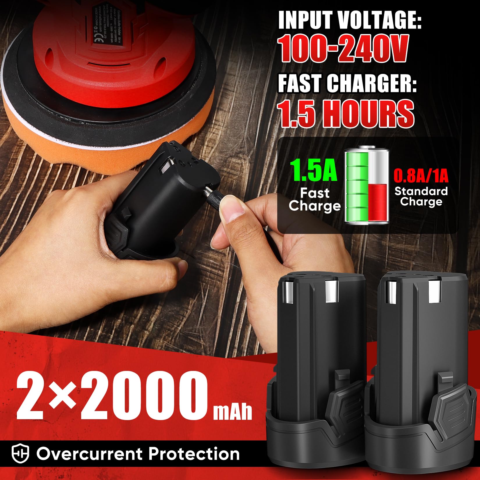 SHALL- Lucidatrice Auto Senza Fili, Lucidatrice a Batteria 6 Pollici， 2500-5000RPM 6 velocità Variabili con 2 Batterie, Kit per lucidatura auto 27 pezzi, per auto