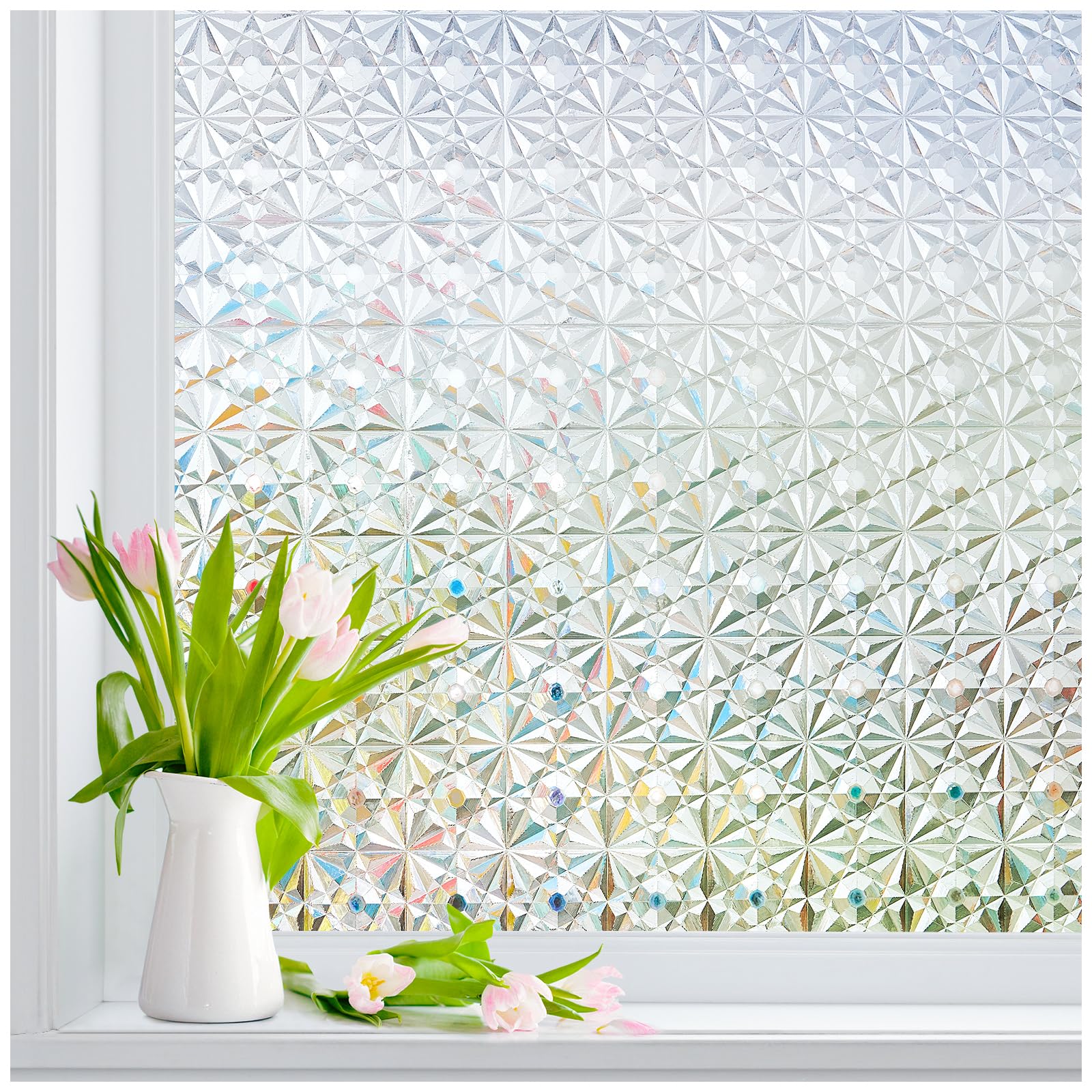 Windimiley Window Privacy Film,3D Diamond Stained Glass Window Film,Removable Non Adhesive Decorative Static Cling,Heat UV Sun Blocking Vinyl for