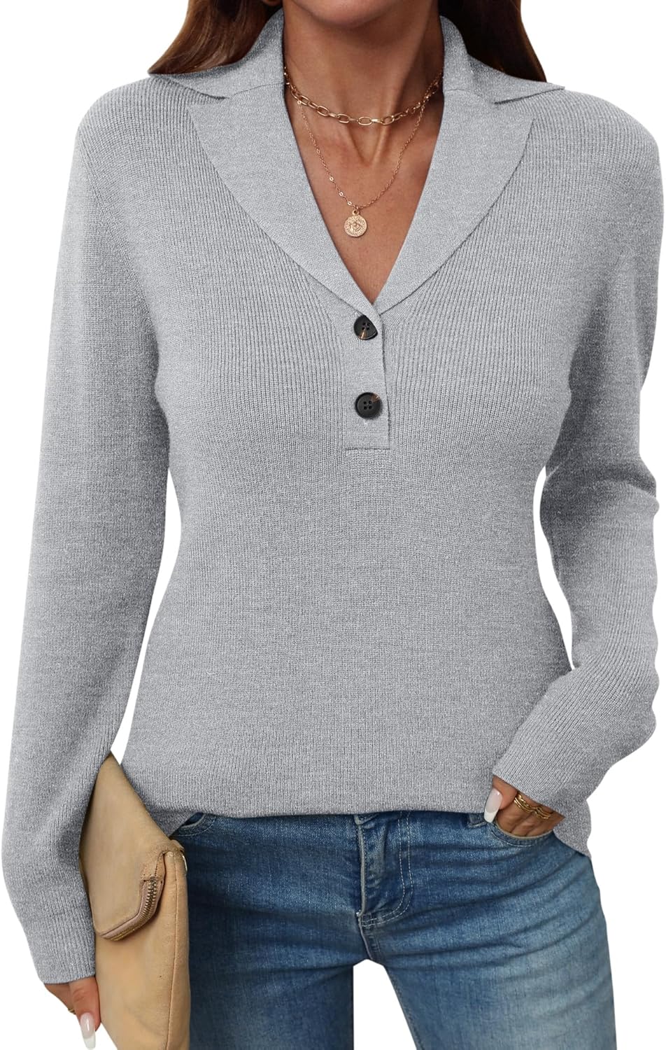 LOMON Sweaters for Women 2025 Fall Knitted V-Neck Collared Button Pullover Dressy Casual Long Sleeve Polo Shirts Business