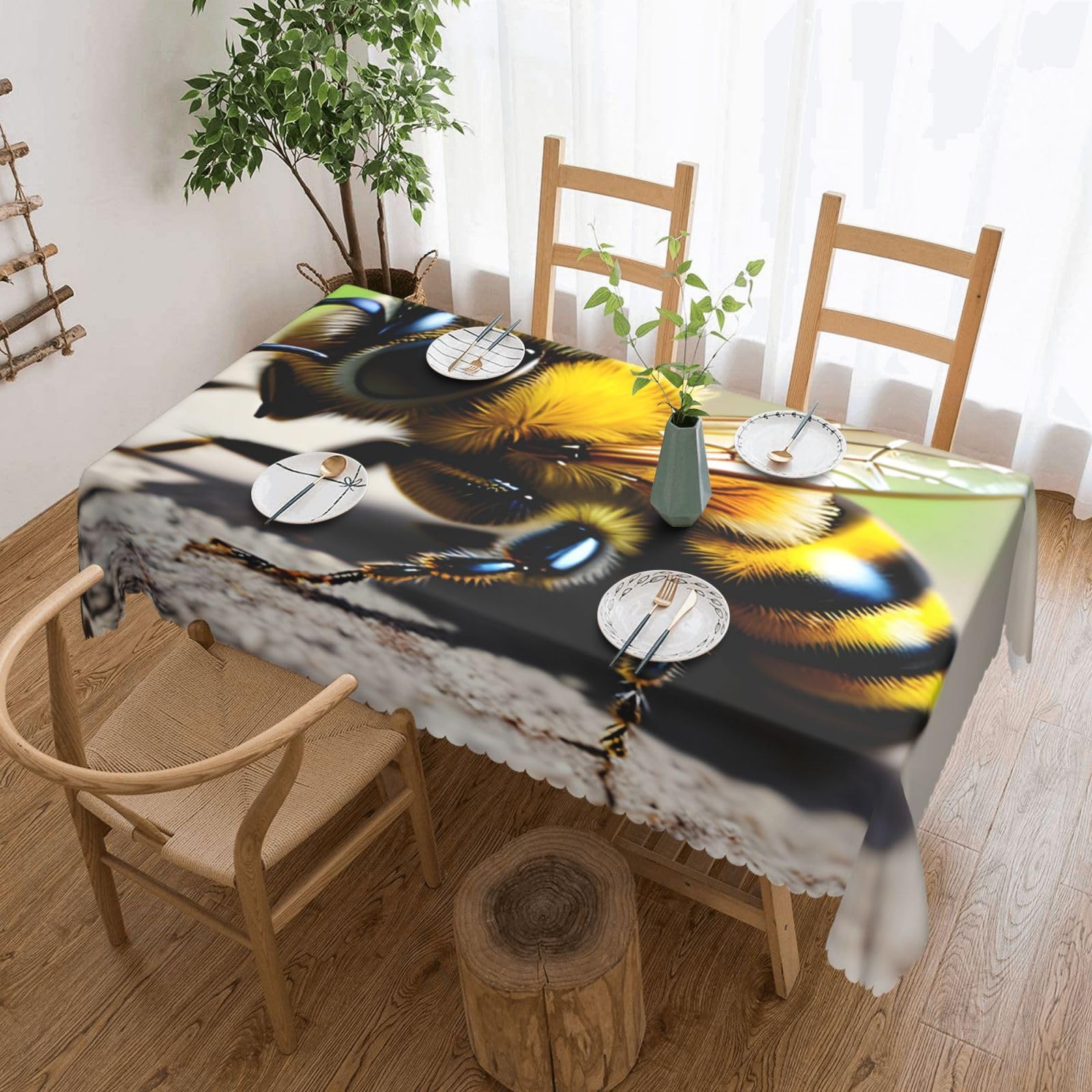 CNTDBU Cute little bee Scalloped Edge Tablecloth 54x72-Waterproof Stain Resistant Wrinkle Free Cover, Square Table Cloth for Dining Party