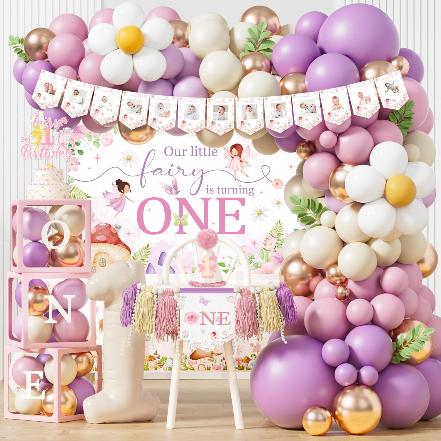 Fairy First Birthday Party Decorations, Spring Floral Flower 1st Birthday Girl Decor, Our Little Fairy is Turning One Birthday Backdrop Balloon Garland Backdrop Supplies for One Year Old Girls