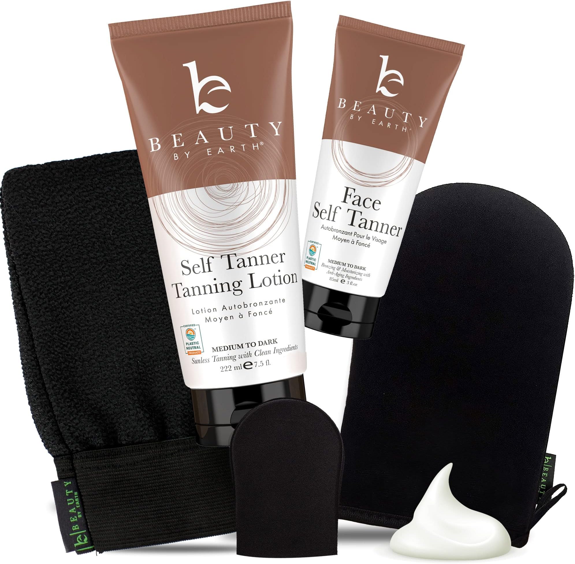 Tanning Lotion Self Tanner Kit - USA Made with Organic & Natural Ingredients, Self Tanning Lotion Face Tanner & Application Kit, Non Toxic Gradual Tan, Sunless Tan for Women & Men