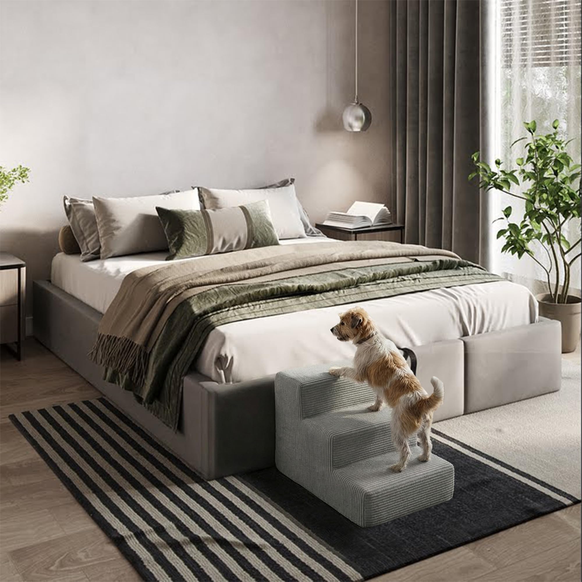 murando Hundetreppe für Kleine Hunde 3 Stufen 30 cm, Cord - Grau | Haustiertreppe für Bett, Sofa, Belastbar bis 17 kg, Treppe für Hunde und Katzen - Hochdichter Schaumstoff, Rutschfest