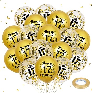 Gold 17th Birthday Balloons 18Pcs Happy 17th Birthday Decorations 17th Birthday Party Latex Balloons Confetti Balloons for Kids Boys Girls 17 Years Old Birthday Anniversary Party Decor Supplies 12Inch