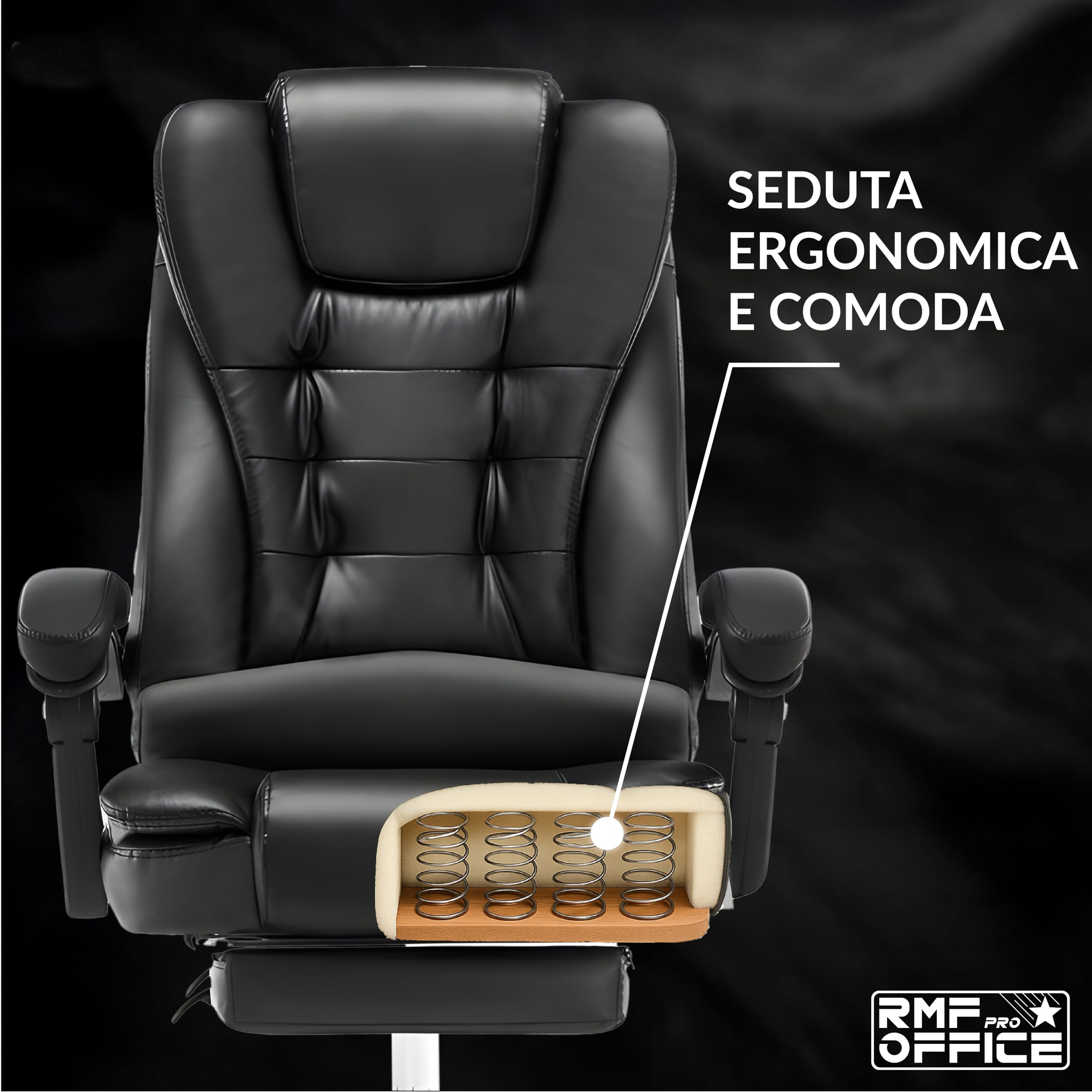RMF Sedia Ufficio Ergonomica Professionale Reclinabile, Sedia Scrivania Seduta Comoda e Rilassante con Poggiapiedi - Poltrona Relax con Ruote Girevoli Altezza Regolabile Nero