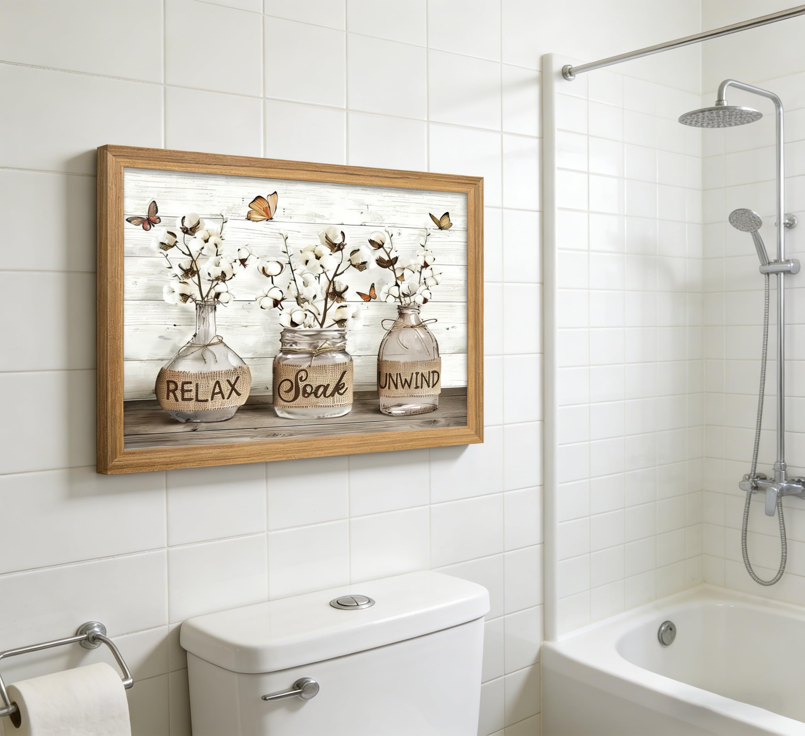 Framed Farmhouse Bathroom Canvas Wall Art Brown Rustic Cotton Flower Painting Picture Wall Decor Modern Relax Soak Unwind Sign Poster Print Artwork for Living room Restroom Home Decoration — view 8