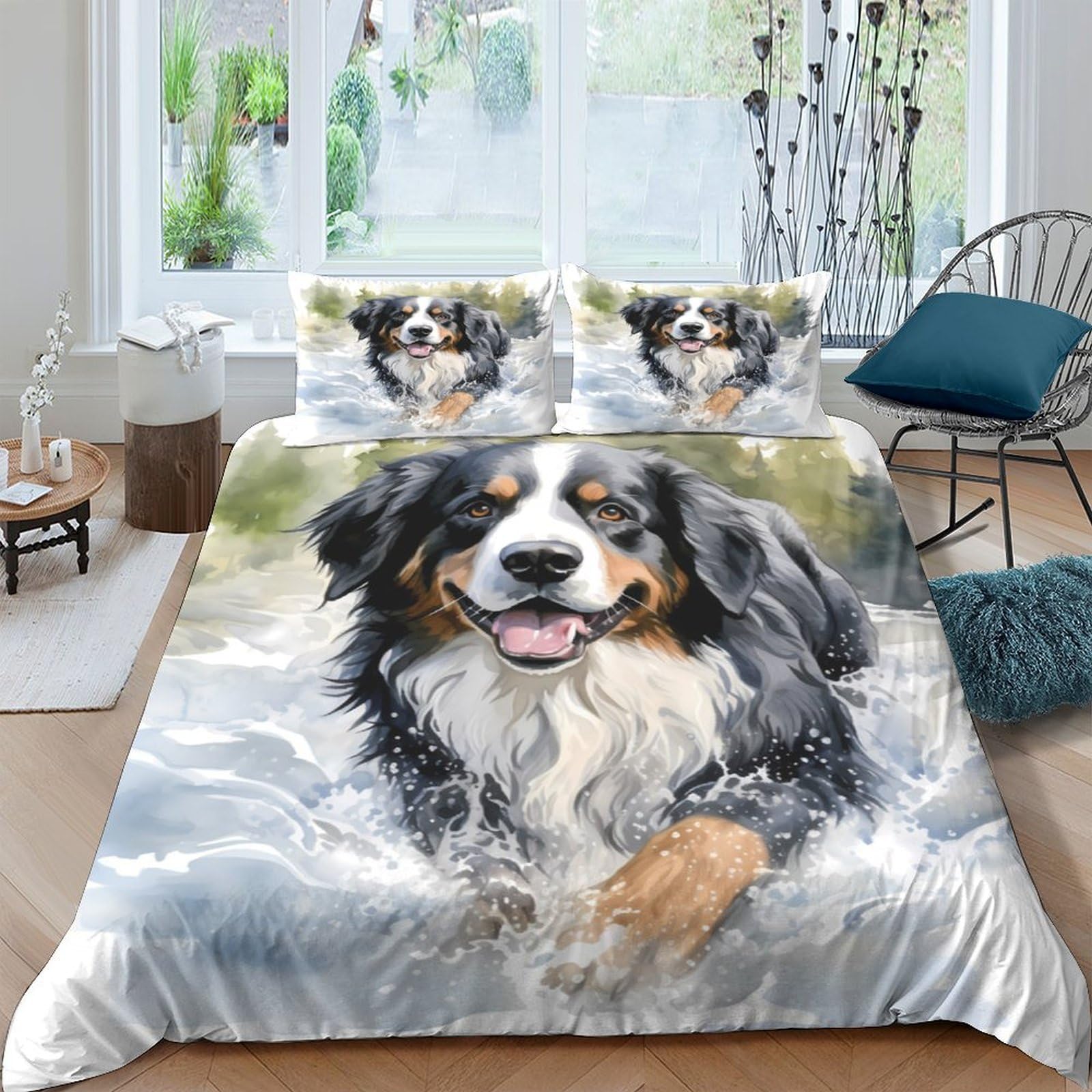 P5V6M1Q9 3D Printed Bernese Mountain Dog Duvet Cover Microfiber Soft Breathable River Pet Quilt Cover Set with 2 Pillowcases for Bedroom Single（135x200cm）