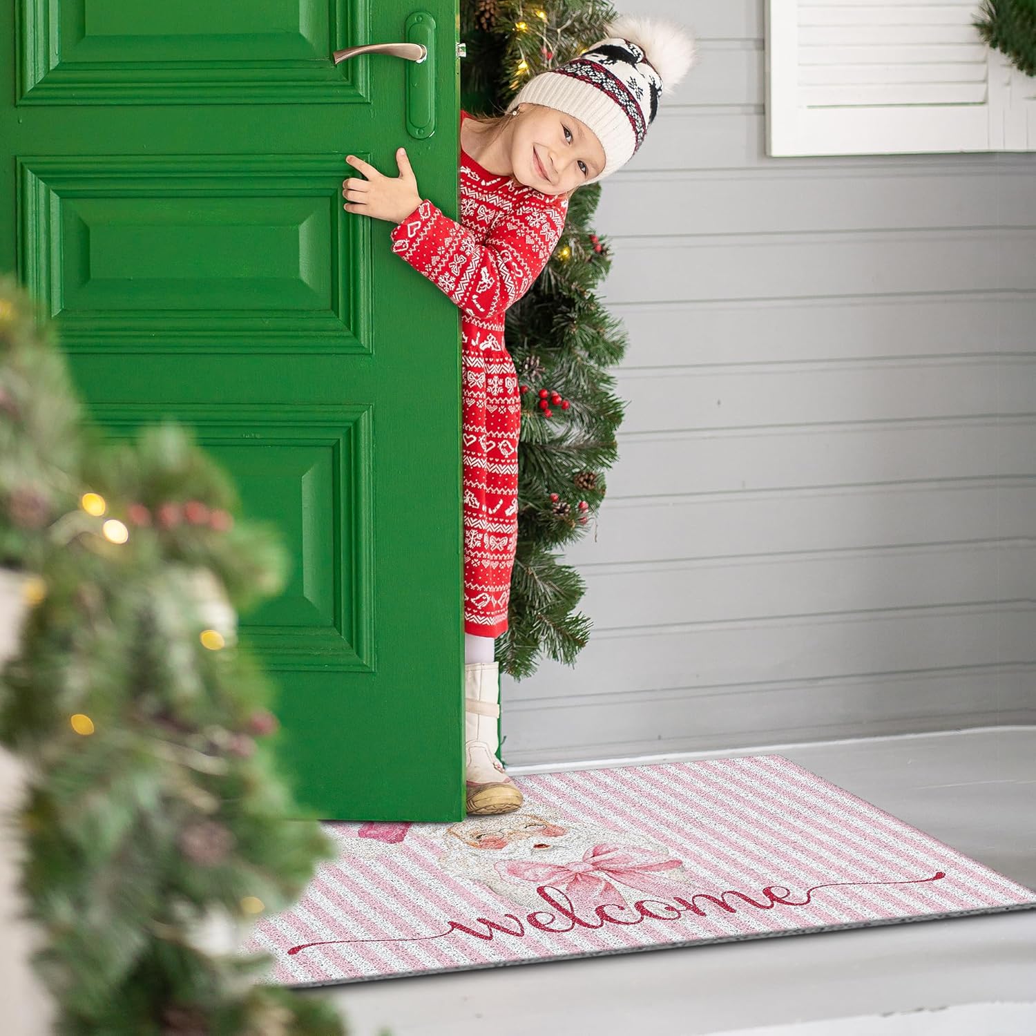Pink Santa Christmas Welcome Front Door Mat Outside Entrance, Bow Santa Rug Mats for Front Door, Pink and White Striped Winter Holiday Decor Christmas Doormat for Outdoor Indoor Entryway, 17x30 Inch Rug-christmas Tree