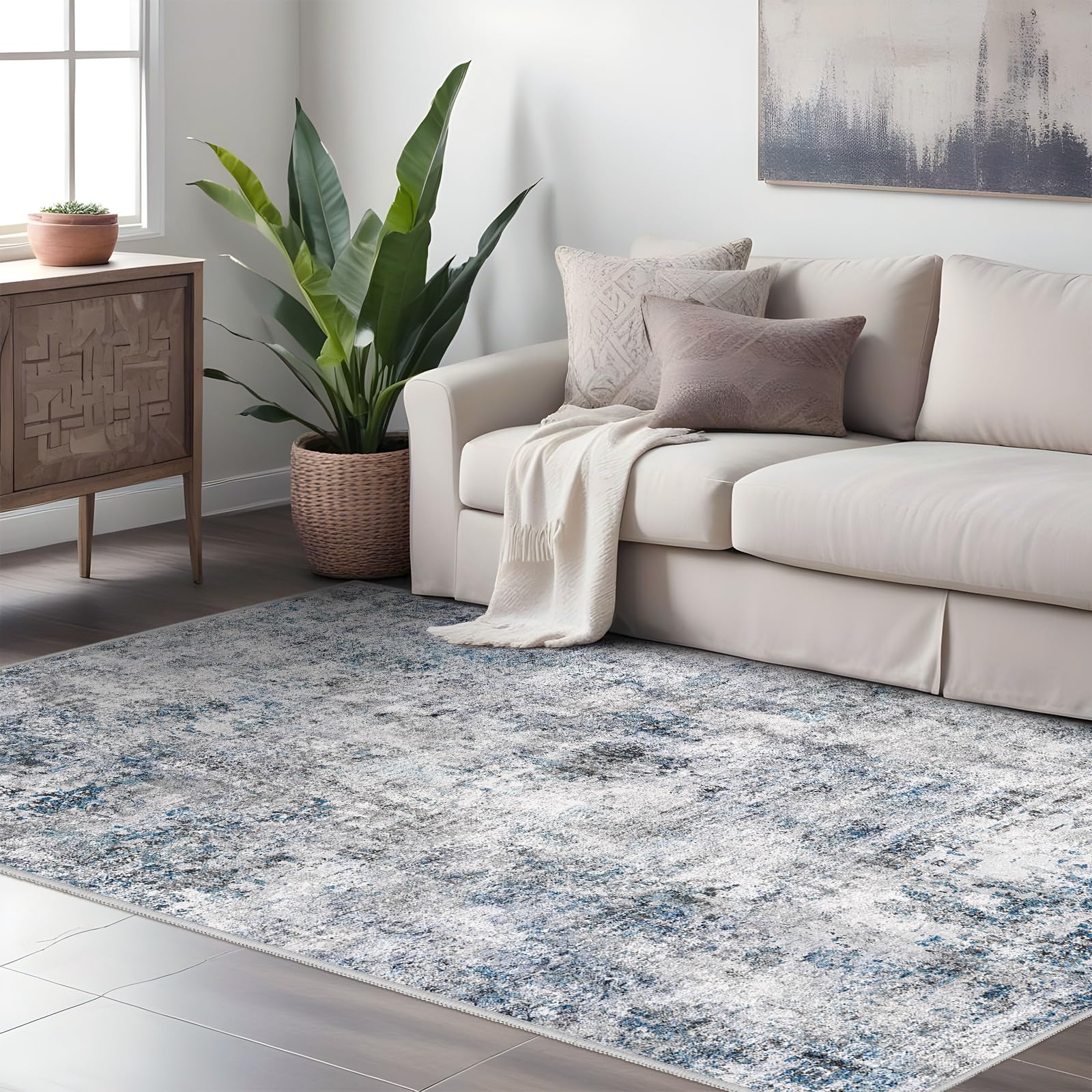 Capslpad Maschinenwaschbarer Teppich, Abstrakt Boho – Niedriger Flor 0,5cm, Rutschfest, Für Wohnzimmer & Schlafzimmer, 7,6x12,7cm