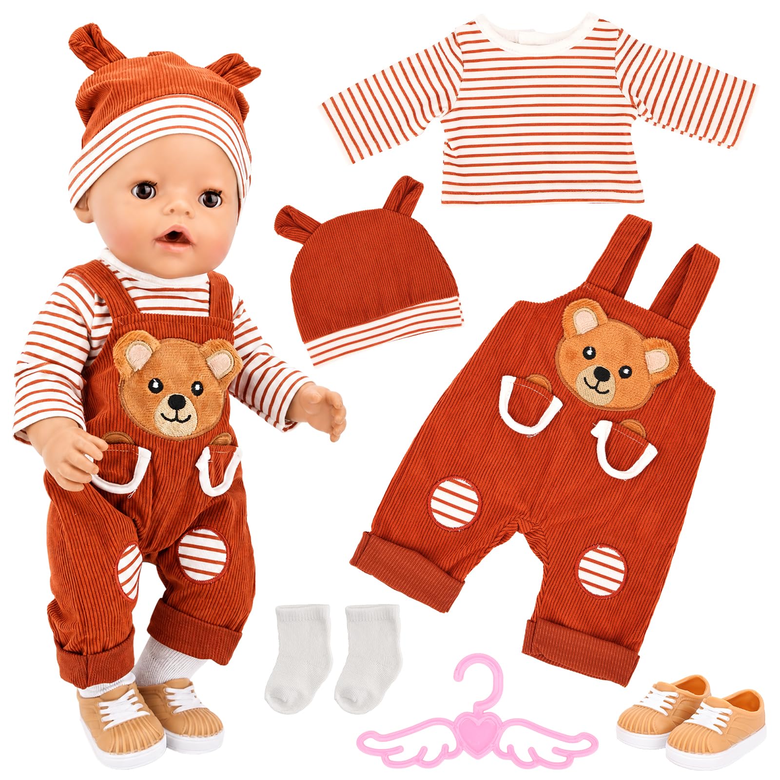 Miunana Baby Doll Clothes for 14-18 Inch/35-45 cm Dolls, Sweet Doll Outfits Overalls with Coat hanger Shoes, Baby Dolls Girls Birthday Gift