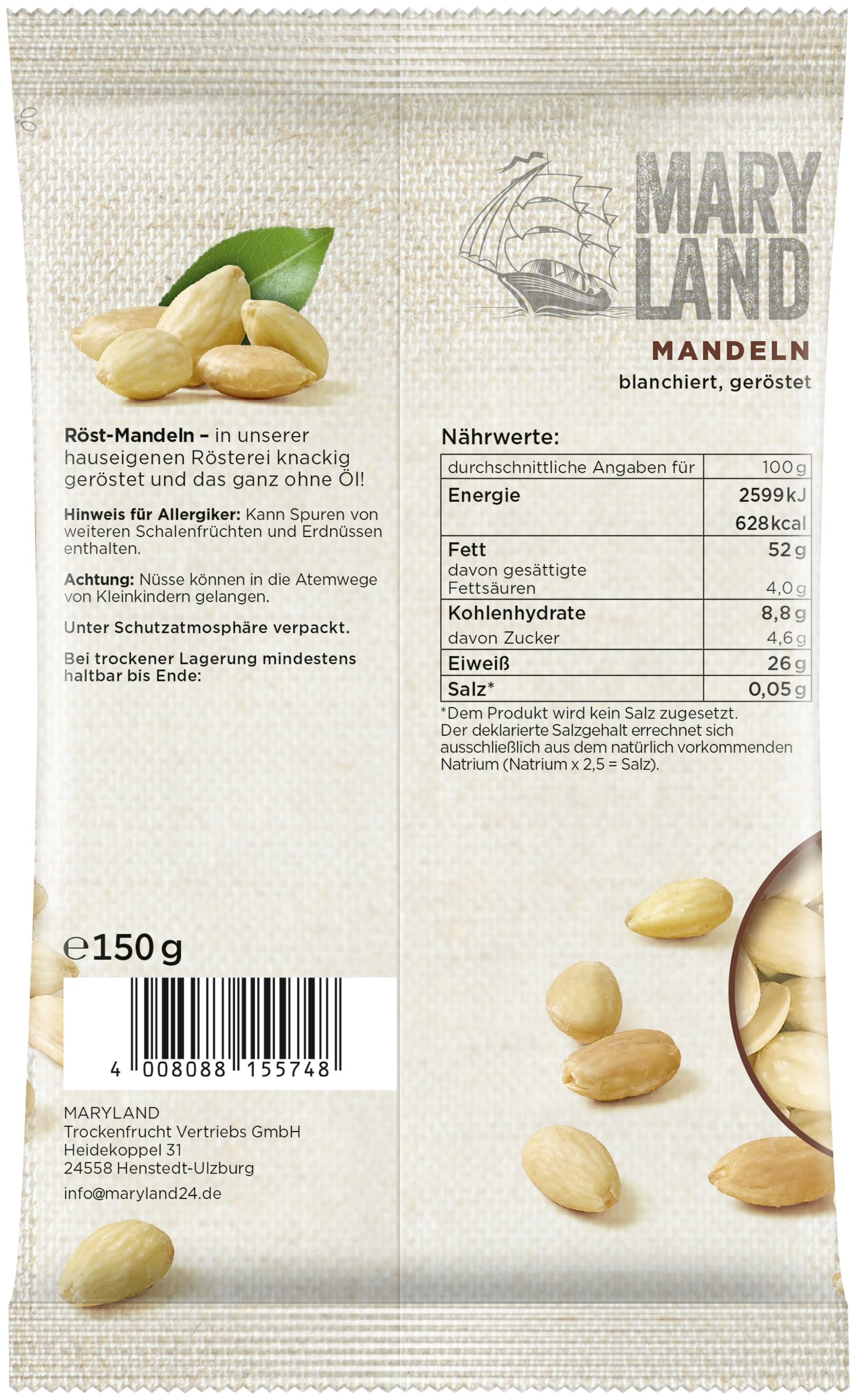 Maryland Röst-Mandeln 150g Beutel 10er Pack - Mandeln schonend ohne Öl geröstet - aus eigener Röstung in Deutschland (10 x 150g)