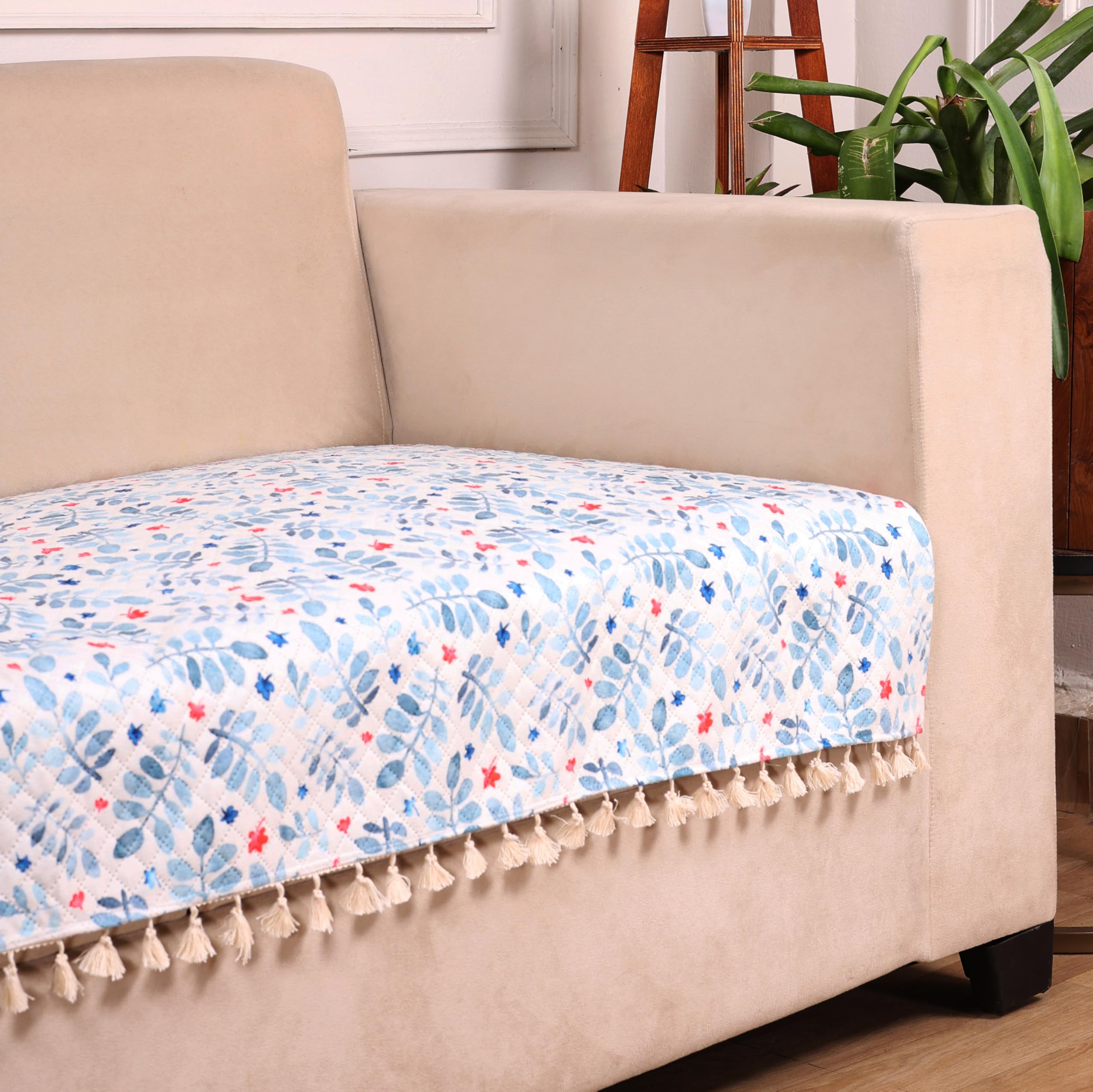 STITCHNEST 2 Seater Printed Quilted Velvet Sofa Slip Cover Protector with Tassels