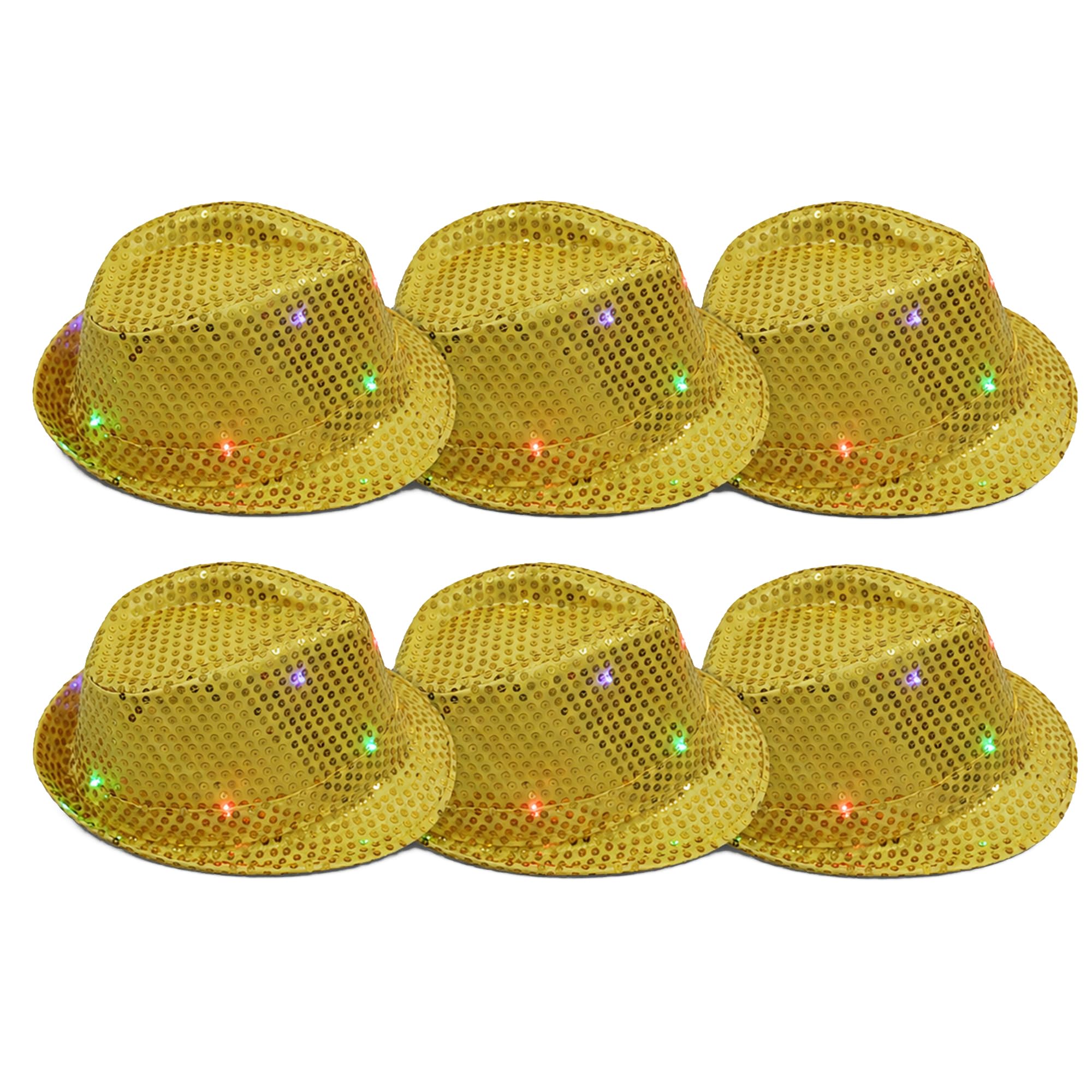 The Fancy Dress® Adult LED Light Up Sequin Trilby Hat, Women Men Multi-Function Fedora Flashing Jazz Hat Cowboy Hat Performance Props Party & Carnival Fancy Dress Up Hats Unisex, 6 Pack Gold