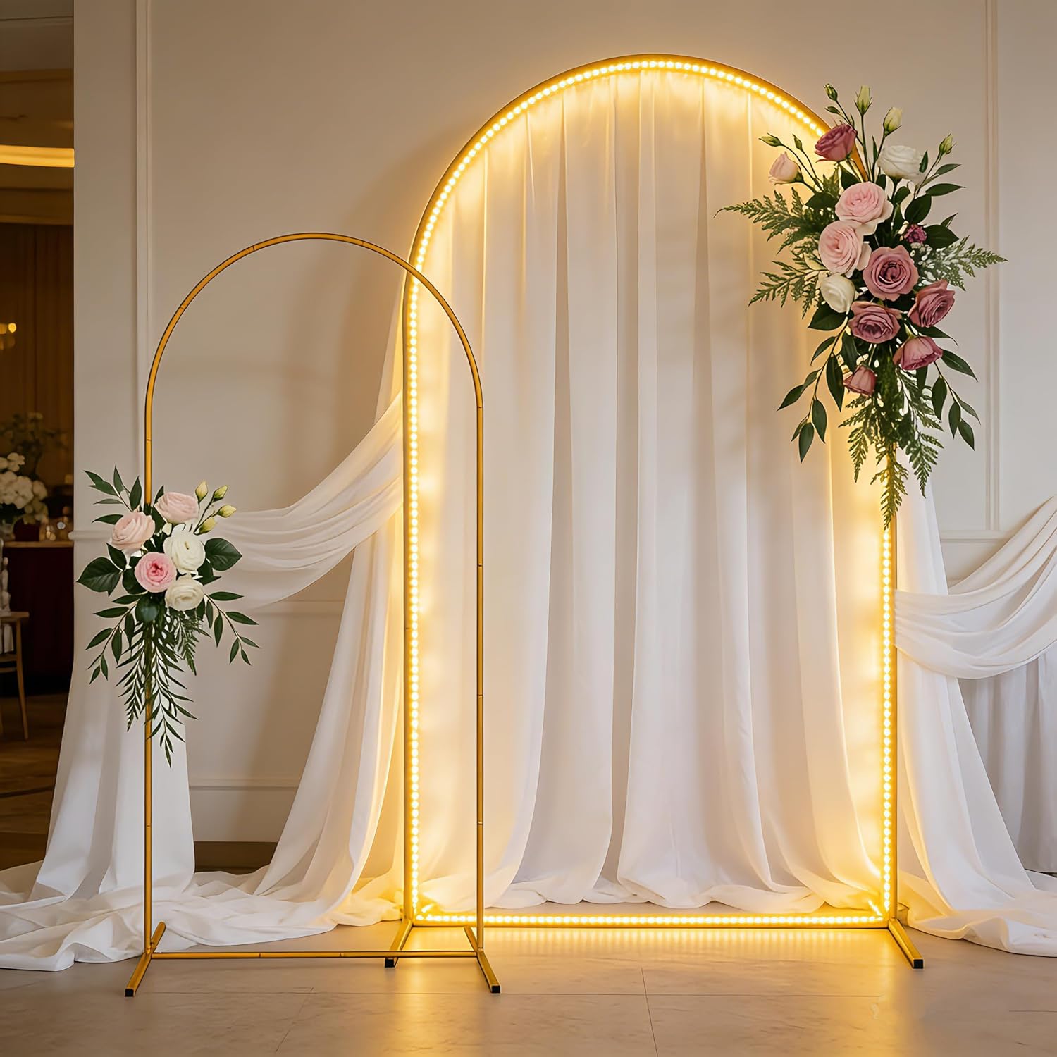 Balloon Arch Stand Wedding Backdrop Stand Set of 2 Metal Arched Backdrop 7.2FT & 6FT Floral Curved Frame Party Anniversary Decor Bridal Shower Decoration (Gold)