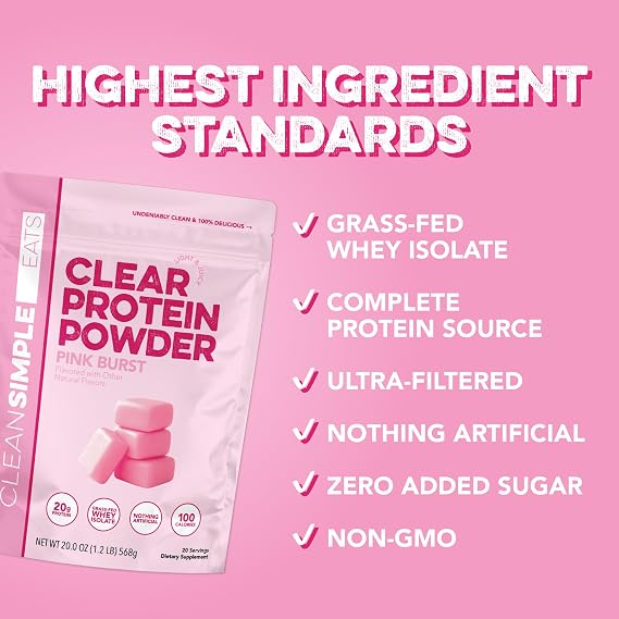 Clean Simple Eats Clear Protein Drinks, 20g Grass Fed Whey Protein Isolate, Ultra Filtered, Light & Refreshing Beverage, Low Lactose, Pink Burst Flavor, 20 Servings