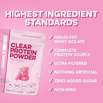 Clean Simple Eats Clear Protein Drinks, 20g Grass Fed Whey Protein Isolate, Ultra Filtered, Light & Refreshing Beverage, Low Lactose, Pink Burst Flavor, 20 Servings