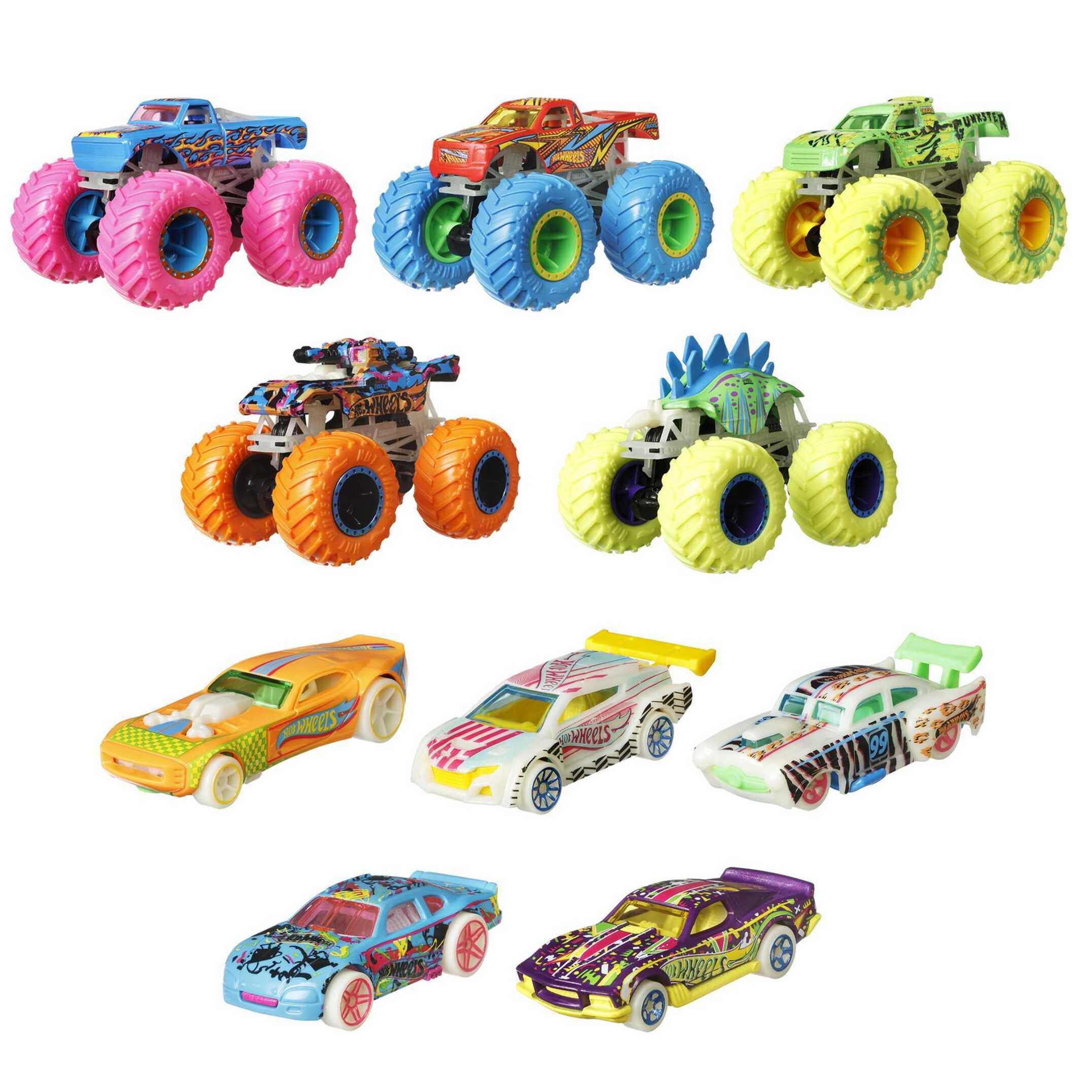 Hot Wheels Multipack Glow in The Dark™ Monster Trucks 10 vehículos de Juguete: 5 Monster Trucks y 5 Coches a Escala 1:64, Regalo Coleccionable para niños de Entre 4 y 8 años, HCB57
