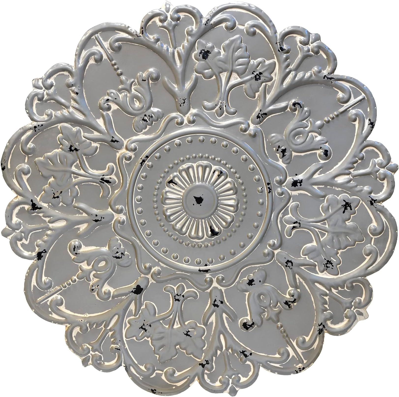 Stratton Home Decor Grey Medallion Wall Decor - Handcrafted Decorative Art Piece, Traditional Ornament, Indoor Rustic Accent Piece for Bedroom, Living Room, Hallway - Floral Motif, Distressed Finish