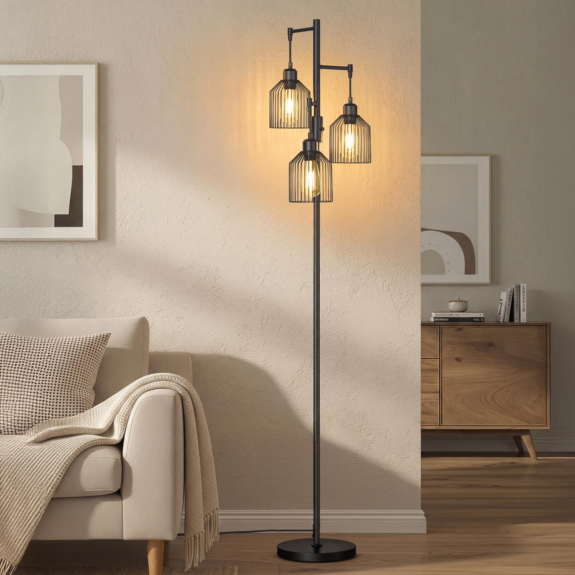 VASAGLE Lampada da Terra, Piantana con 3 Lampadine, Luminosità Regolabile, Paralume in Metallo, 3 Attacchi E27, Nero Inchiostro LFL013BD02