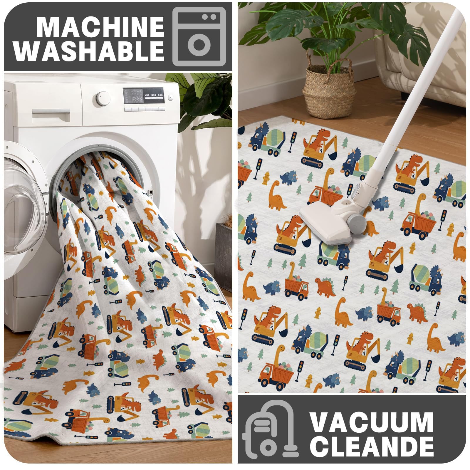 Tappeto per Bambini Stile cartone animato Gioco Rotondo 180cm | Tappeto Salotto, Morbido Veicolo costruzionenosauro Tappetini Antiscivolo Tappetos per Cameretta CucinaColore arancione