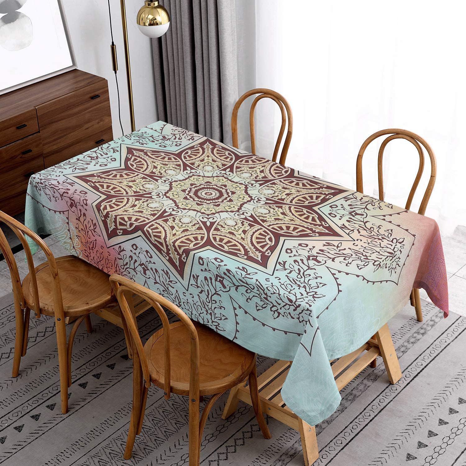 Lovewang Mandala Brown Blue Table Cloth Washable Table Cloth Wipe Clean Outdoor Party Rectangle Polyester Fabric Reusable Wipeable Tablecloths Waterproof Dining Table Cover(100X140cm)