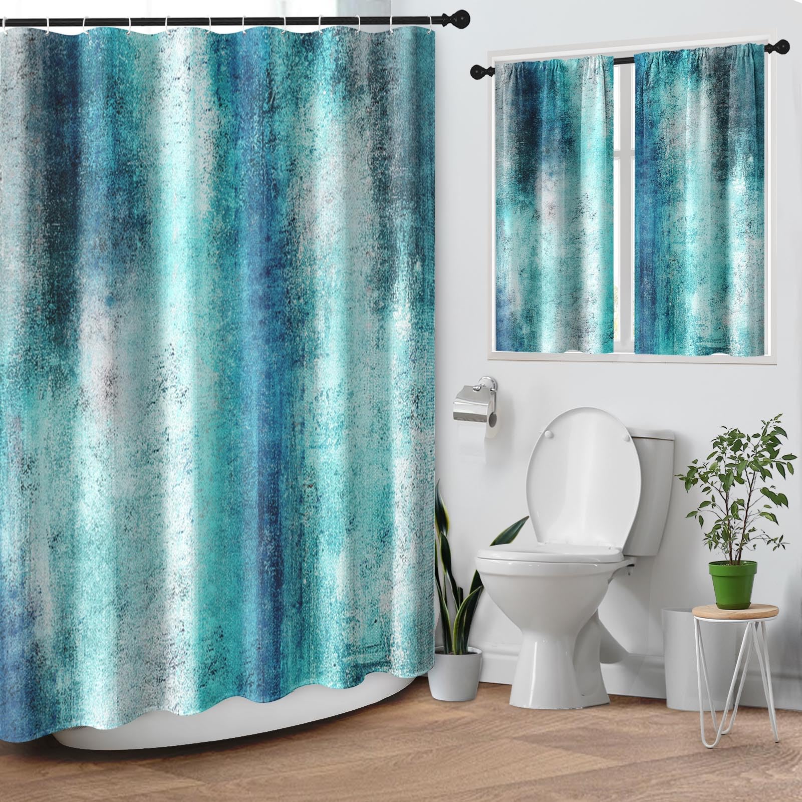Culudea Turquoise Teal Grey Gray Waffle Textured Cloth Shower Curtain Set, Painting Abstract Modern Art Bathroom Window Waterproof Shower Curtains for