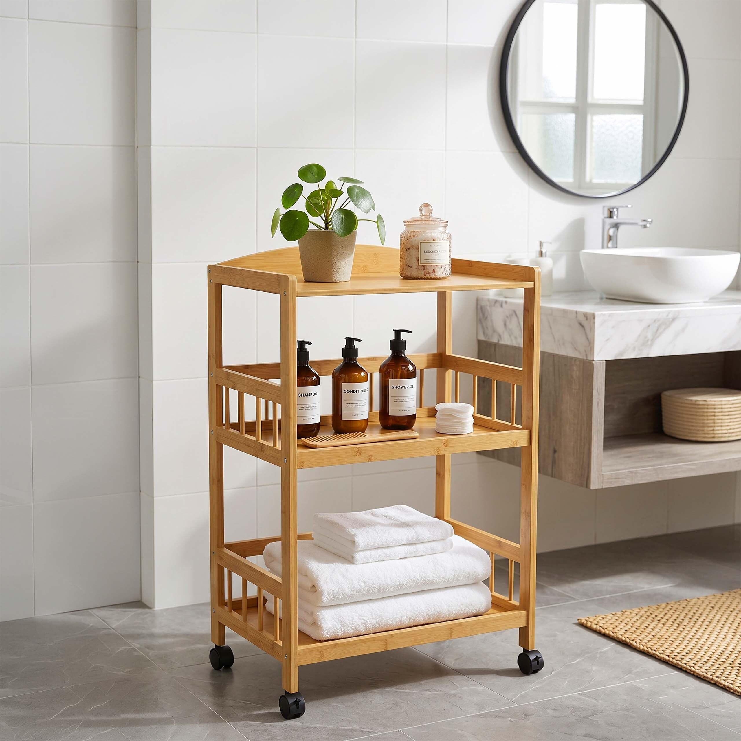 Relaxdays Chariot de Service Bambou 80 x 53 x 30 cm, 3 étages, Naturel | Étagère à roulettes pour la cuisine et le salon, chariot de cuisine