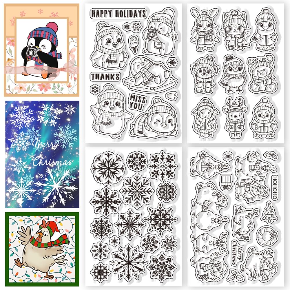 4 sellos transparentes de 4 estilos de Navidad, invierno, copos de nieve, pájaros, perros, gatos, pingüinos, conejos, osos, sellos transparentes de silicona para manualidades, álbumes de