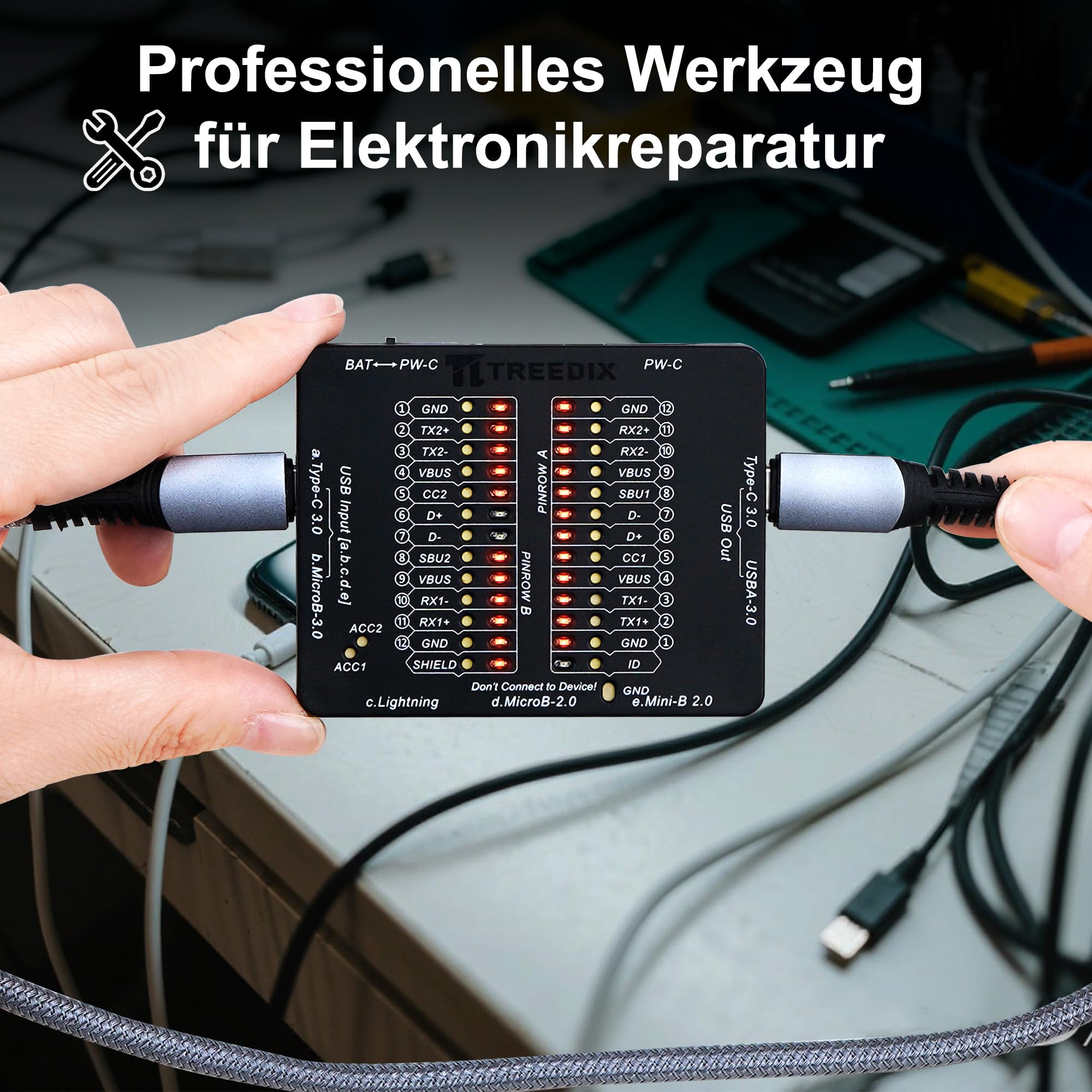 Treedix USB Kabeltester USB-C-Kabeltester Datenkabeltester Prüfplatine, USB Tester für Type-C, USB-A 3.0, Micro-B 3.0, Micro-B 2.0, Mini-B 2.0 sowie für Lightning-Kabel indem Sie die LEDs überprüfen